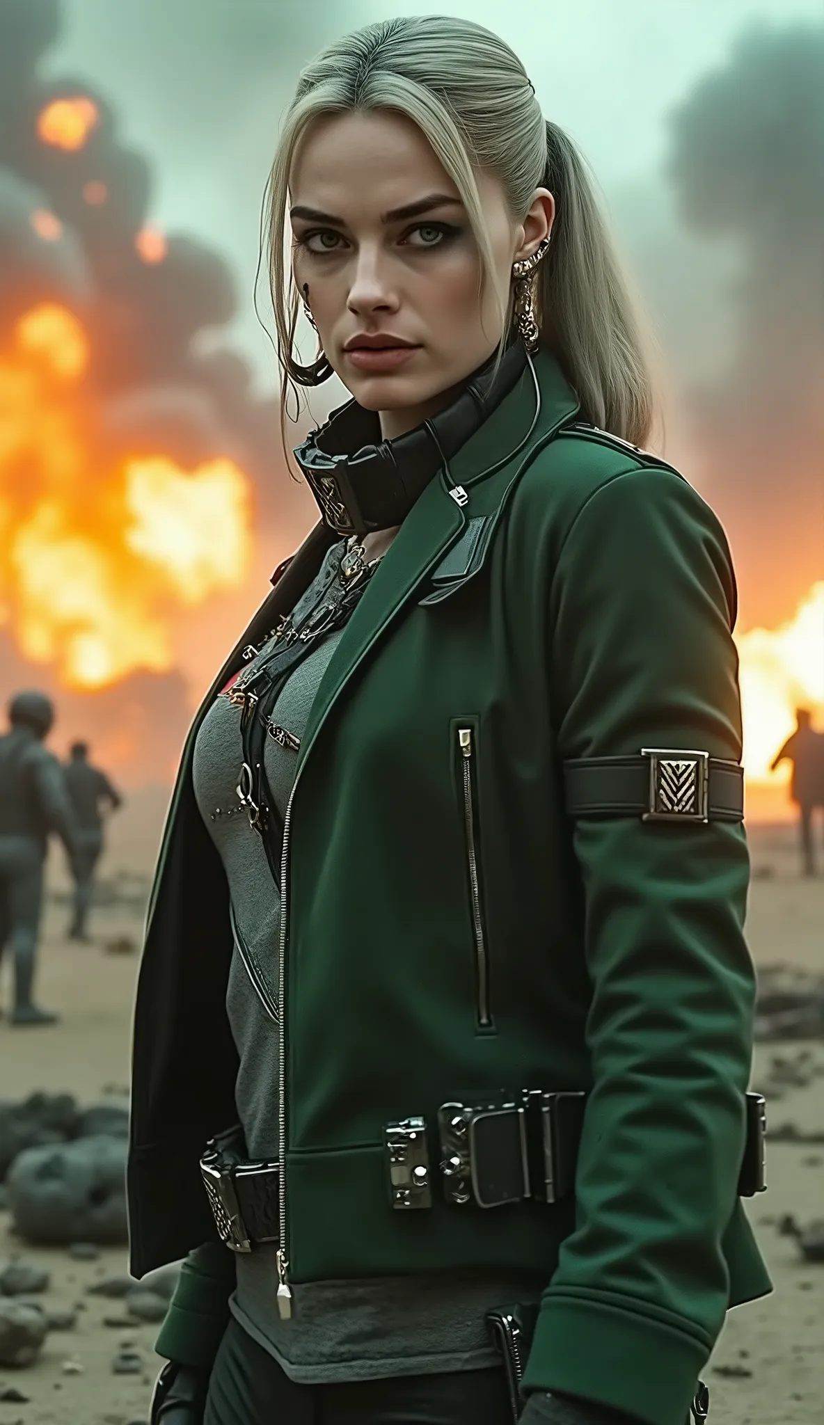Margot as Sonya Blade:

The blazer merges with dark green tactical armor. Gloves and holsters materialize. Her eyes become sharper. Explosions behind her reveal a futuristic warfield. The general takes action.