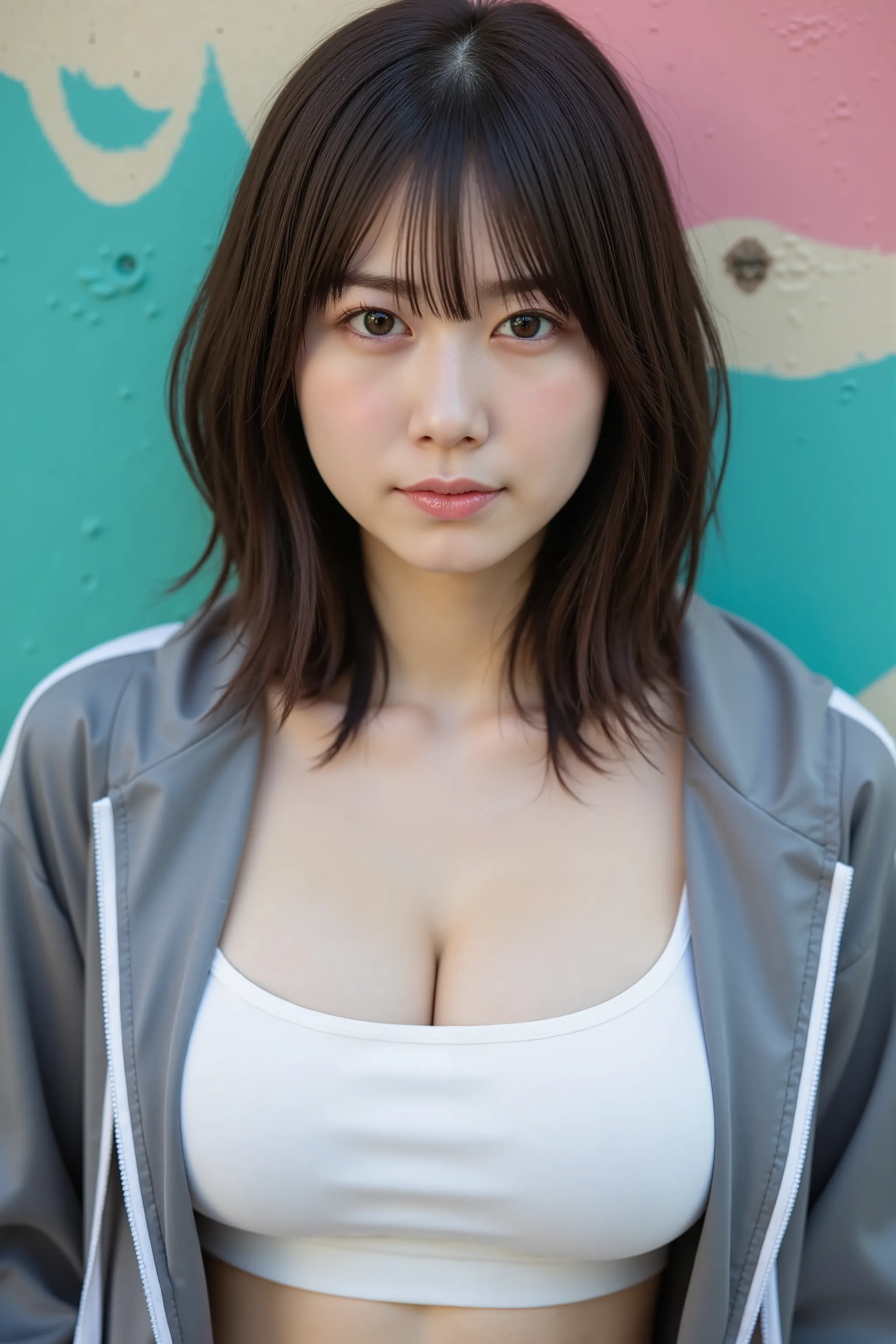 32k, Masterpiece, top quality, one girl, (a beauty girl, delicate girl:1.3, shoulder-length wavy brown hair, side part, bangs, fair skin, neutral expression, vibrant colors,  brightly colored textured wall, teal, pink, off-white, graffiti, aged, worn, soft...