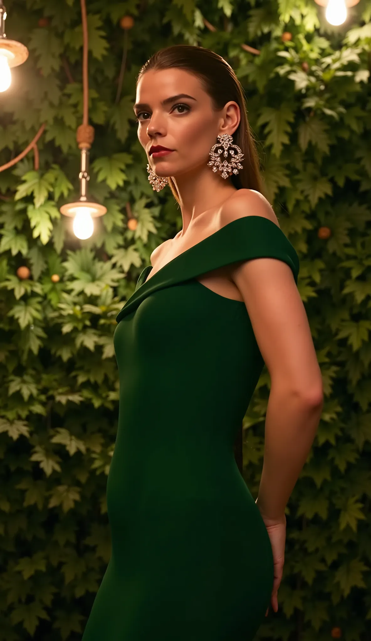Anya Taylor-Joy ():upper body

With a tight emerald green dress and crystal earrings, she poses in a vertical nighttime garden with suspended glass lights. Her gaze is soft and mysterious.