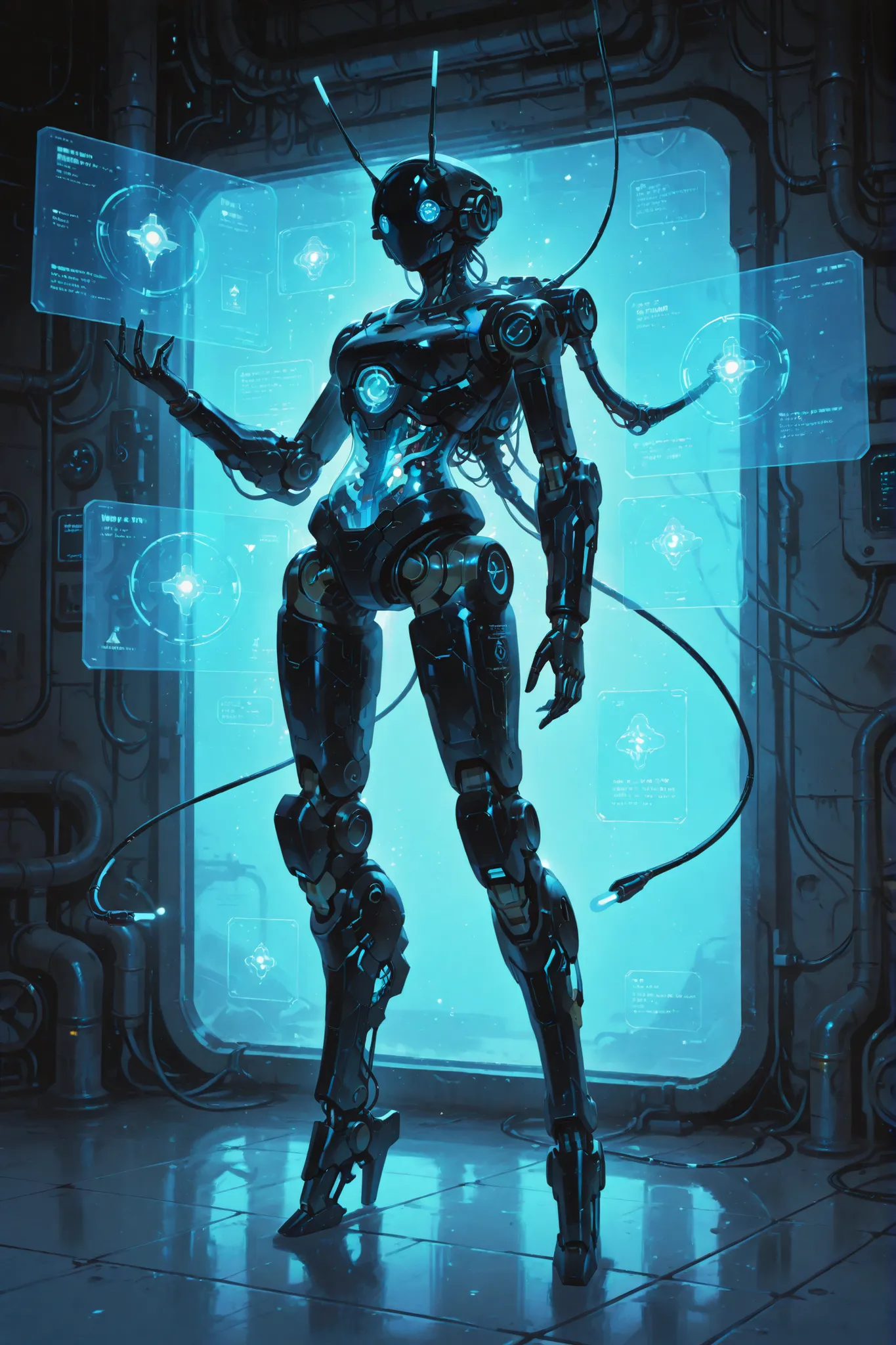 top quality, Hi-tech texture, Ultra-detailed depiction, biomechanical ant shaped android, shiny black metallic body, with multiple joints 6 machine legs, precise hydraulic system, titanium alloy exoskeleton, translucent armor parts, tip sensor with an ant ...