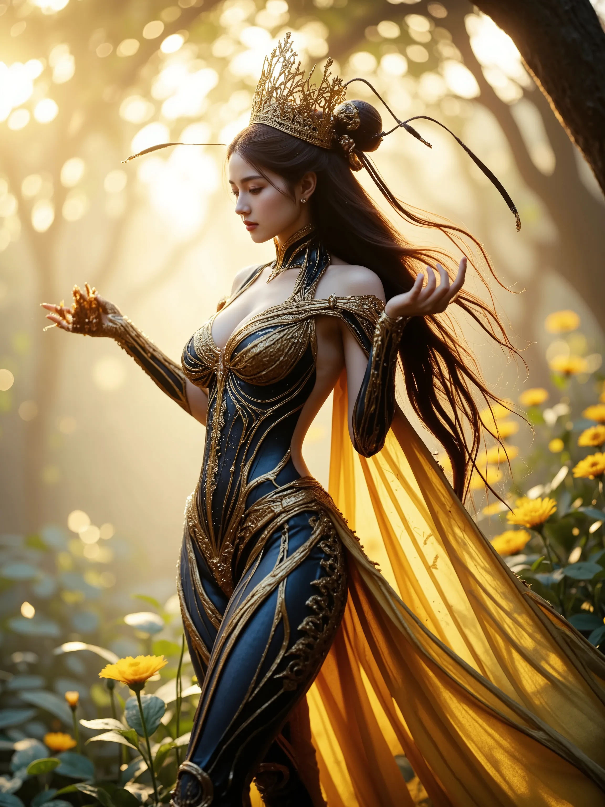 An image of a human and insect hybrid.,A photorealistic portrait of an anthropomorphized queen ant with long, flowing hair and prominent big ants antennae stands in an elegant pose. The queen ant has a delicate insect lower body with jointed legs and anten...