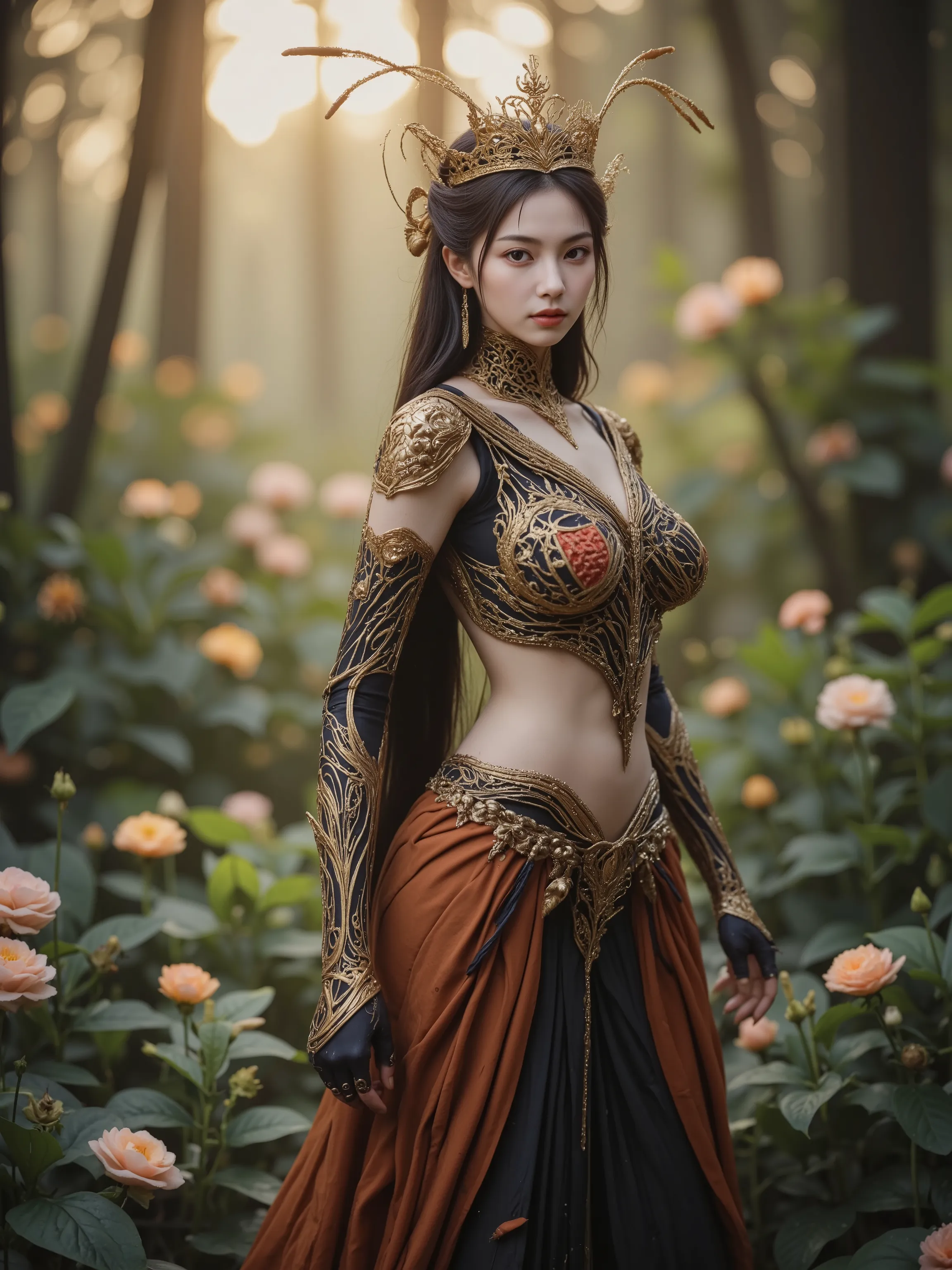 An image of a human and insect hybrid.,A photorealistic portrait of an anthropomorphized queen ant with long, flowing hair and prominent big ants antennae stands in an elegant pose. The queen ant has a delicate insect lower body with jointed legs and anten...