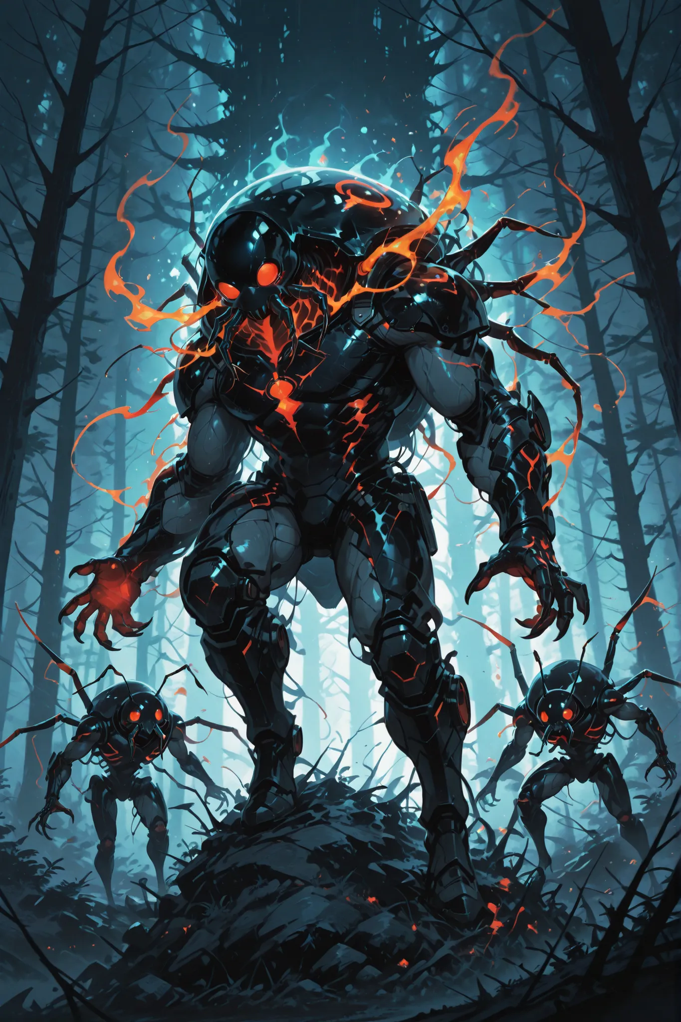 A group of powerful ghost ants, anthropomorphic male ants with muscular physiques, dark skin tones, and glowing translucent effects, in anime style. Each ant-man has a unique design: ghostly aura surrounding their bodies, sharp mandibles, glowing red or bl...