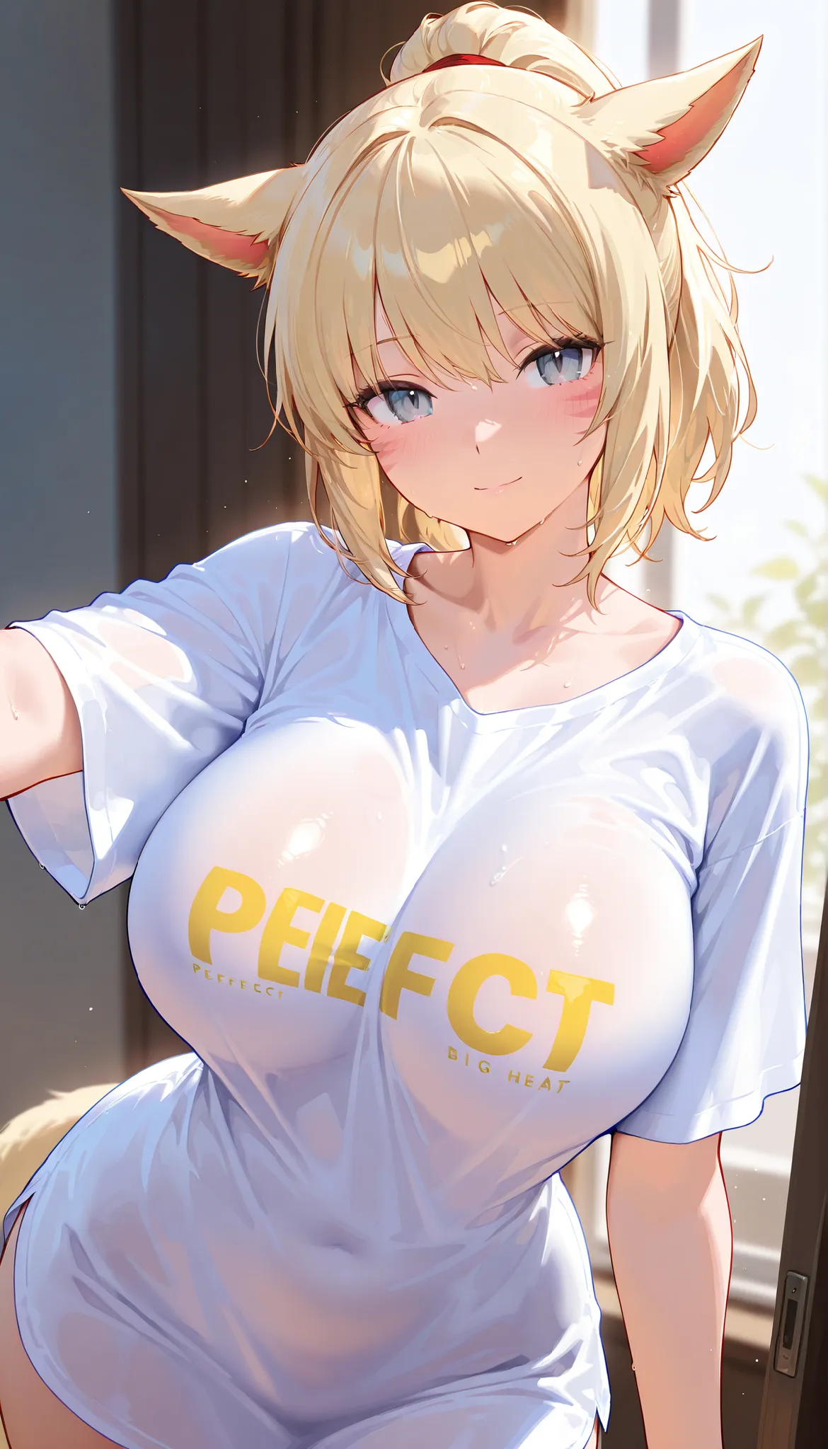 ((solo)), ((1girl)), light Yellow up ponytail, gray eye, Quality_masterpiece, anatomically accurate, Beautiful Face,  Perfect facial features , Highly detailed beautiful face and eyes, Attractive Face, Big Breasts, , , Miqo'te,, big shirt, Slumping in the ...