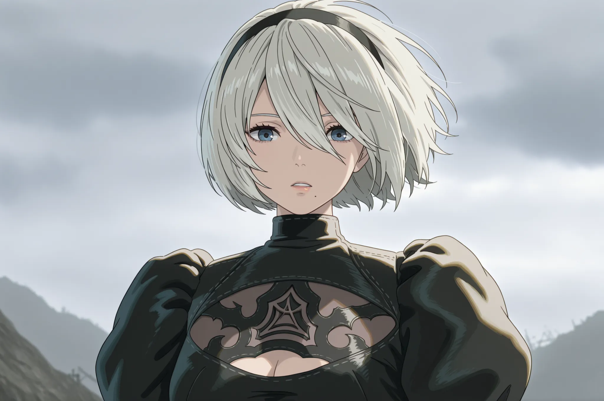Inspired scene of Nier Automata, 2b, nier automata, mole under mouth, blue eyes, black dress, lace-trimmed dress, upper body, grey sky, depth of field, masterpiece, best quality, high quality, amazing quality, absurdres, newest