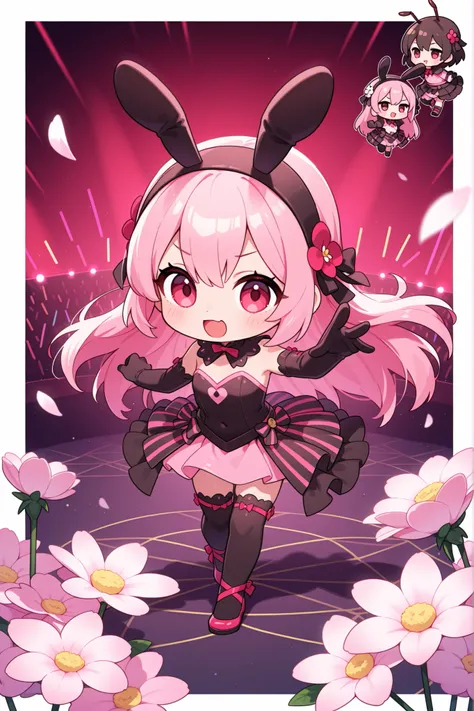 Anthropomorphism of ants、 chibi、Ants wear small flowers、ant fashion show、A lot of ants wear small flowers and dance on the flower stage