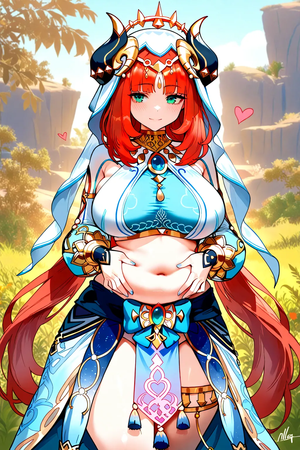 Queen,PAWG,Huge breast,huge hips,curvy body,genshin impact,Nilou, a character from Genshin Impact,hugging aether,aether little, wears a white and blue outfit inspired by traditional belly dance costumes and the culture of the Western Regions. Her outfit includes a cropped top, a low-waist skirt, and various golden and blue ornaments. She also wears a white veil with a gold laurel wreath and a heart-shaped tassel, adorned with lavender flowers. Her Hydro Vision is attached to a large blue band on the back of her skirt.,location meadow,