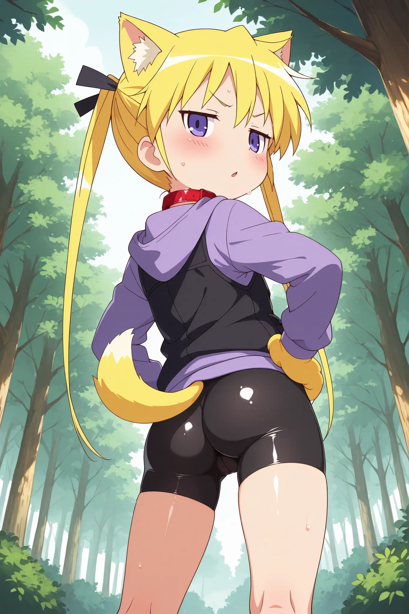 ((anime syale)) ,nsfw, score_9 , score_8_up , score_7_up , masterpiece , best quality , ultra detail , 1girl , (forest) , ((((solo)))) , sonya , yellow twin tails , yellow cat ears , (((yellow dog tail))) , (yellow Dog paw glove with claws) , (Black police...