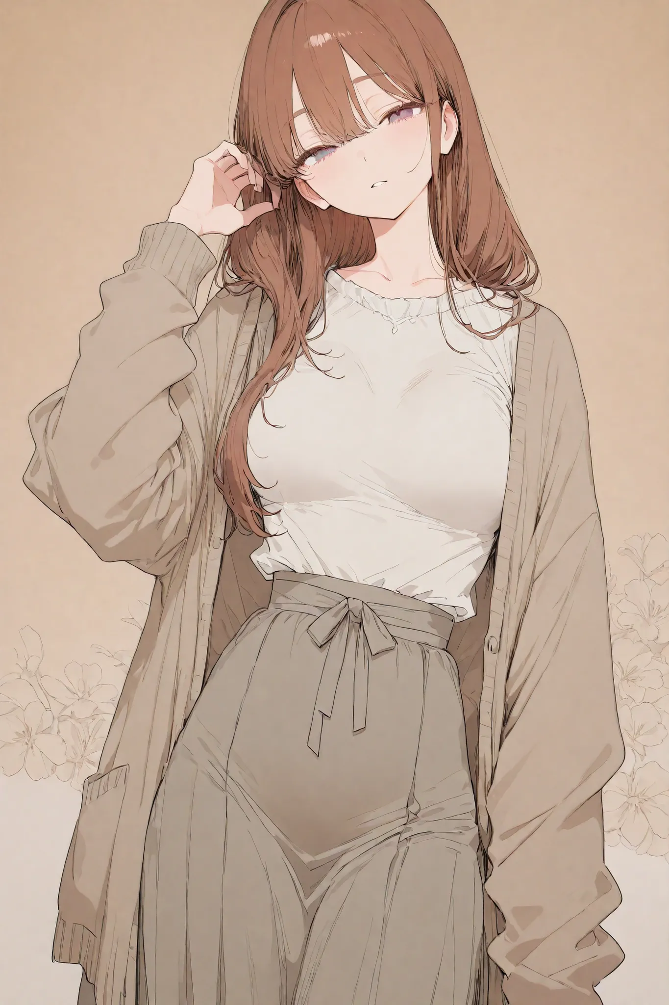 wearing a loose cardigan and a long skirt。An adult-like atmosphere and a gentle atmosphere。long hair。