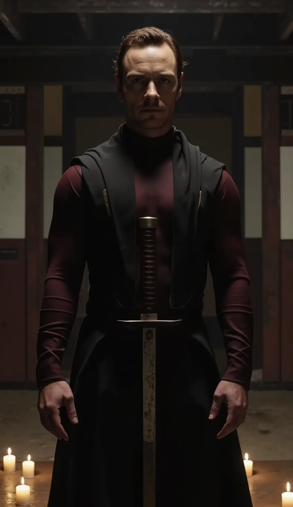 Fassbender (Normal):

Em um dojo escuro, wears a black suit with a burgundy shirt. Hold an ancient katana in a meditative position. The light comes from surrounding candles.