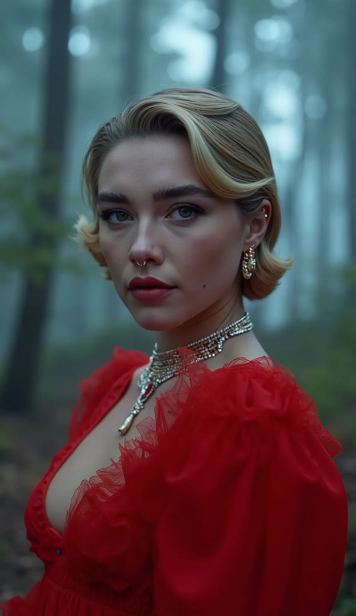 Florence Pugh: With a scarlet red dress and ruby necklace, in a misty forest with artificial lights. Your expression mixes sweetness with something wild.
