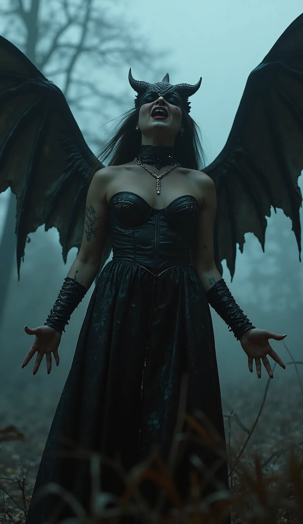 Florence Pugh como Nitara:

The wings sprout from the back. The dress turns dark leather with chains and draconic cuts. The eyes turn red. Fangs appear when smiling. A scream echoes — the winged vampire hunted again.

