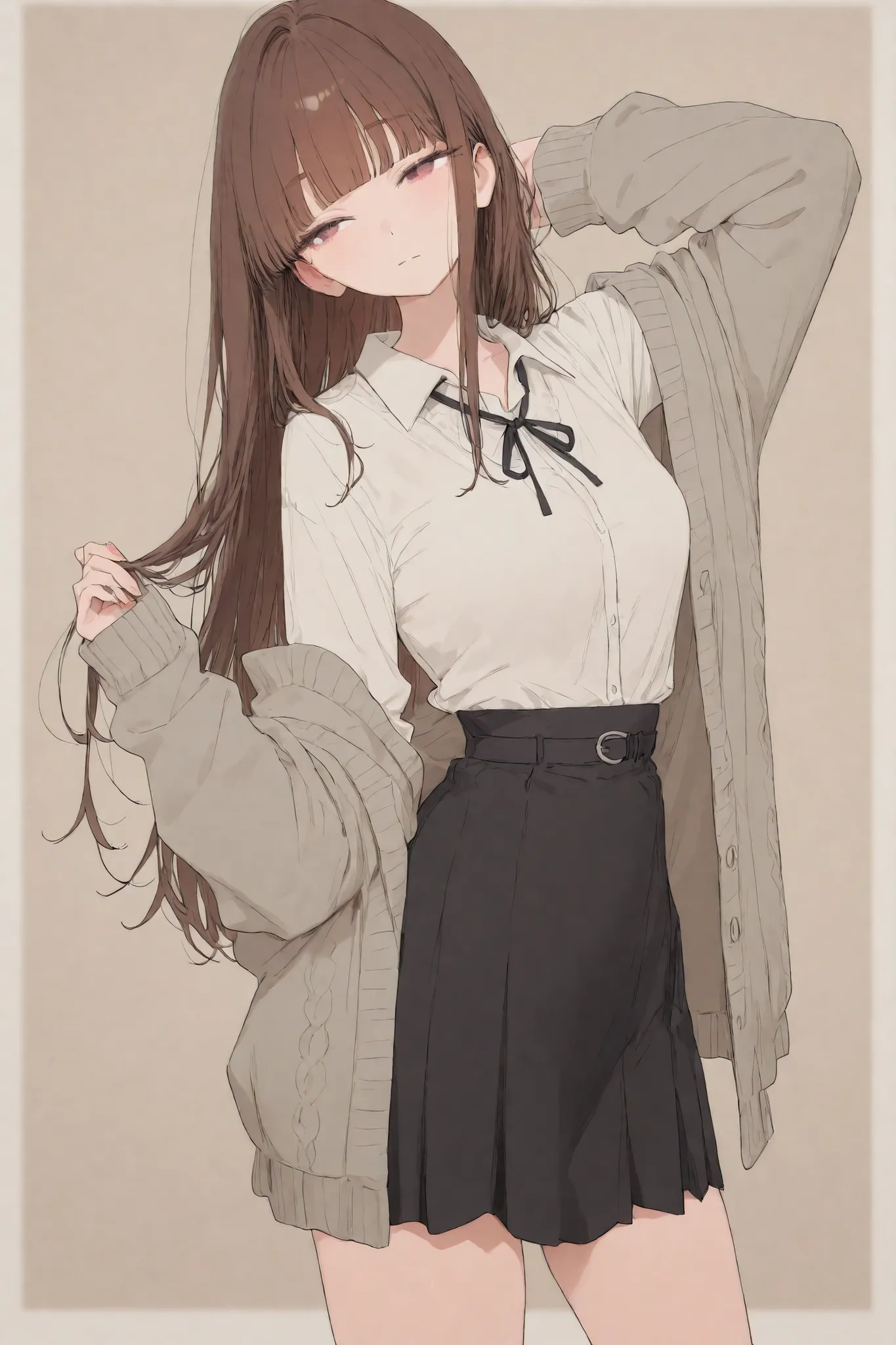 I'm wearing a loose cardigan and a long black skirt。An adult-like atmosphere and a gentle atmosphere。long hair。brown hair