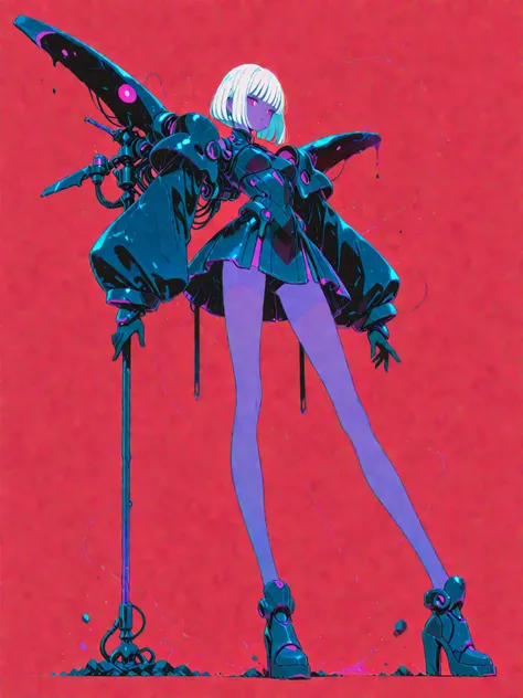 mecha goth girl, bob haircut, white hair, very tall, long legs , dark and violet color in her armor. Dynamic pose. red background.