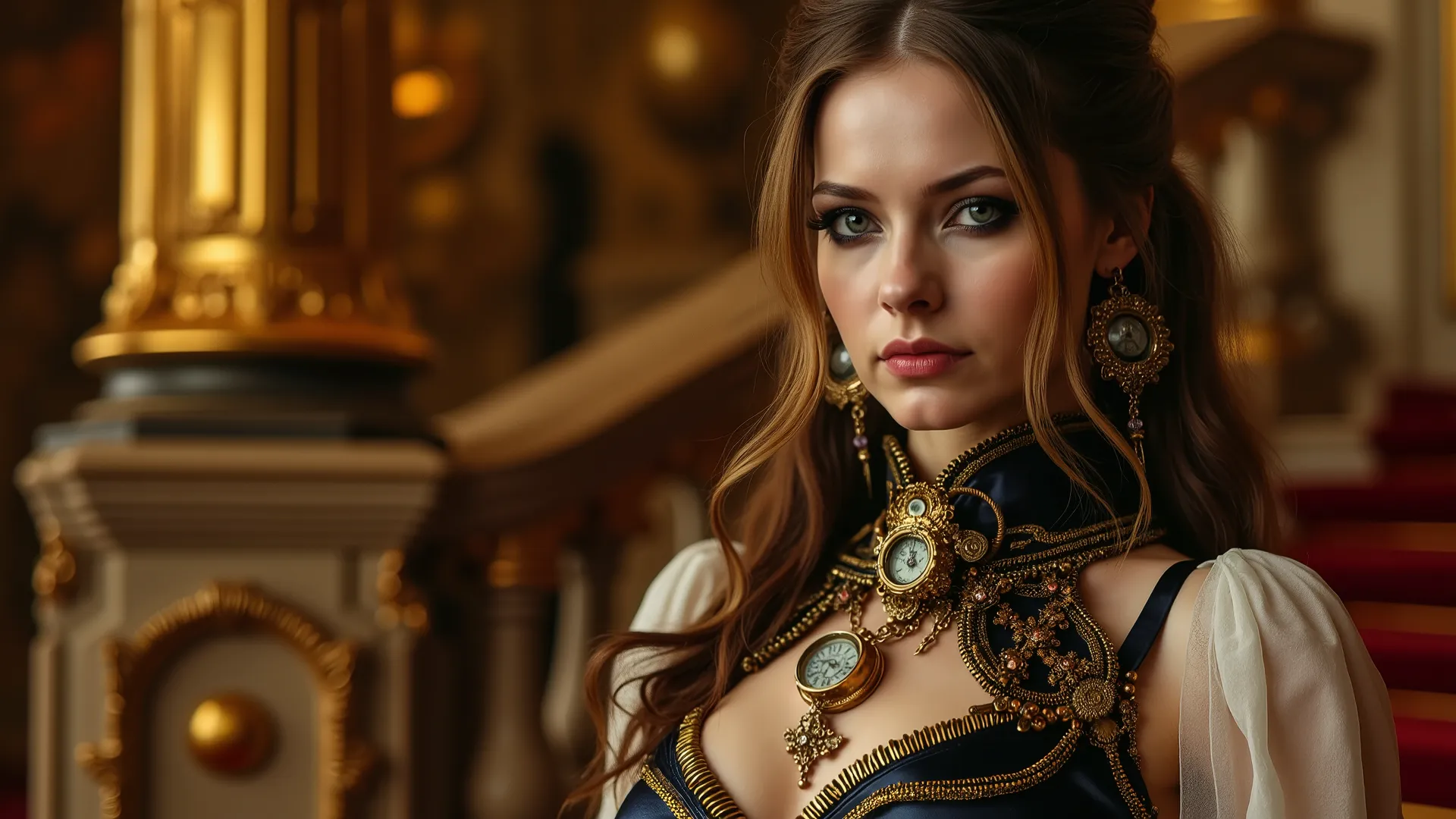 steampunk female aristocrat portrait, beautiful noblewoman on staircase, sharp facial features with piercing eyes, elegant silk and leather gown with gold filigree, bronze corset with gem-set dials, high collar, jewelled monocle on chain, clockwork earring...