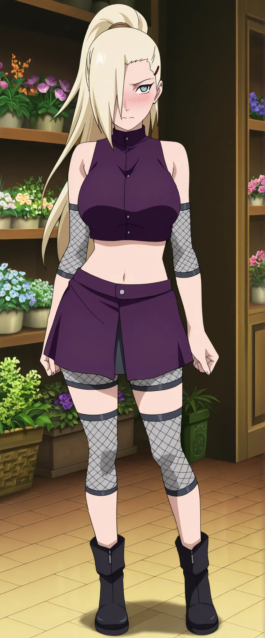yamanaka ino Seductive pose,masterpiece, best quality, amazing quality, front light, anime screencap, 1girl, solo, InoShipuuden, blonde hair, high ponytail, hair over one eye, midriff, fishnets, crop top, big breasts, blue eyes, At the flower shop, purple ...