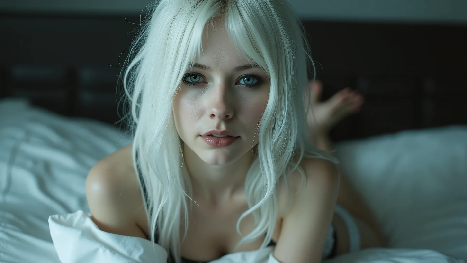 Monja girl , half lingerie, bottom-up image perspective , hair color white, HD quality, Whole body
