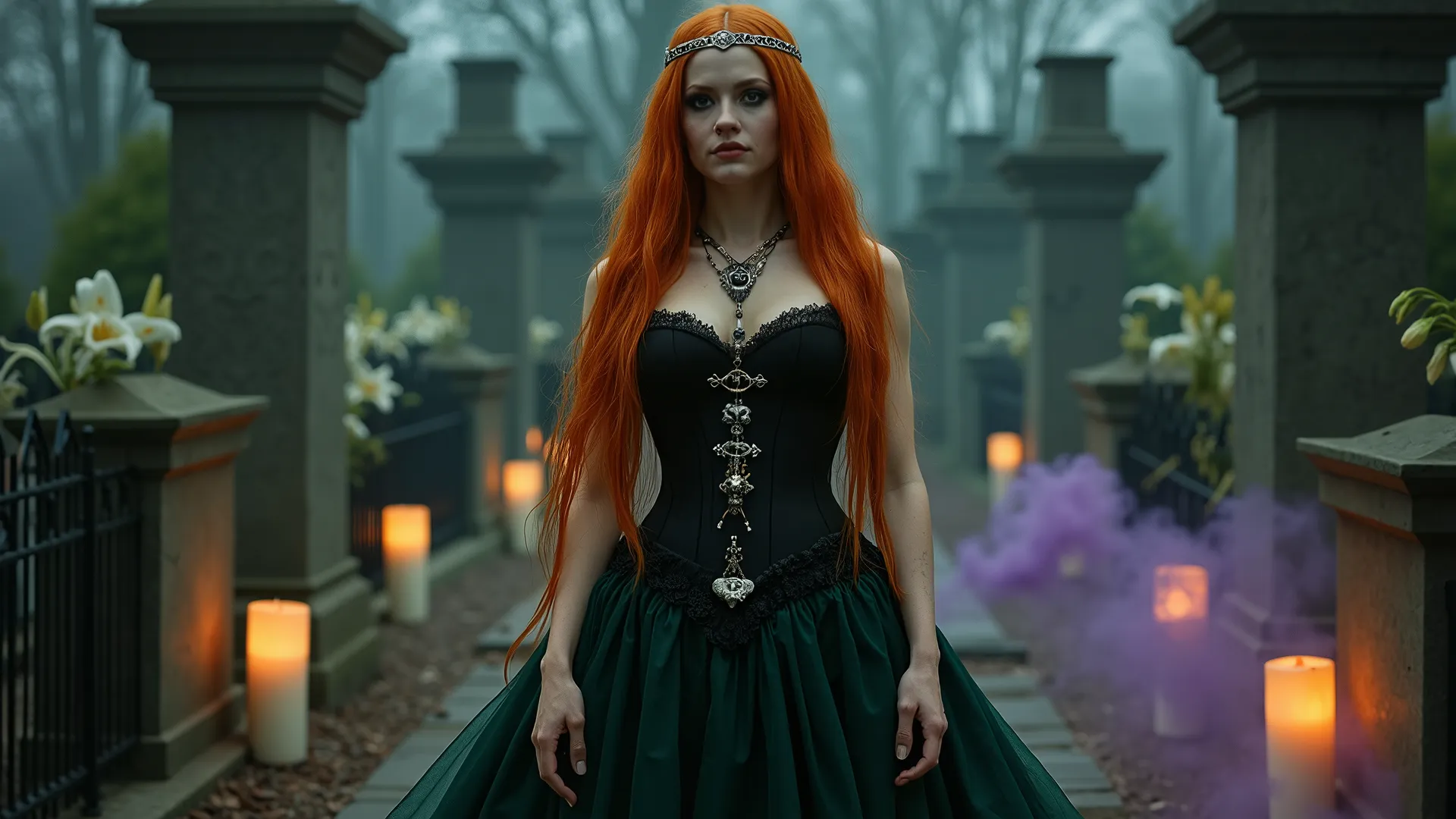 A striking, shapely woman with glowing light-brown skin and long, flowing red hair that cascades like fire. She stands with regal confidence, embodying both divine femininity and fierce spiritual power. Her eyes are bright, commanding, and slightly etherea...