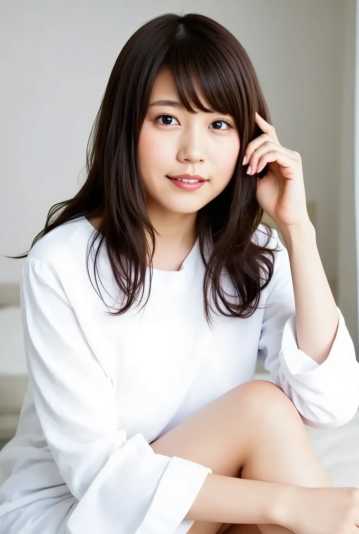 ((( low angle shot、Biologically correct images、    staring at the camera  :1.22,   lean forward  , loose open shirt 、   no underwear))),  1 Japanese woman,    HOTEL ROOM、  indirect lighting、nude,Completely naked, no bra, no panties,  standing knees,