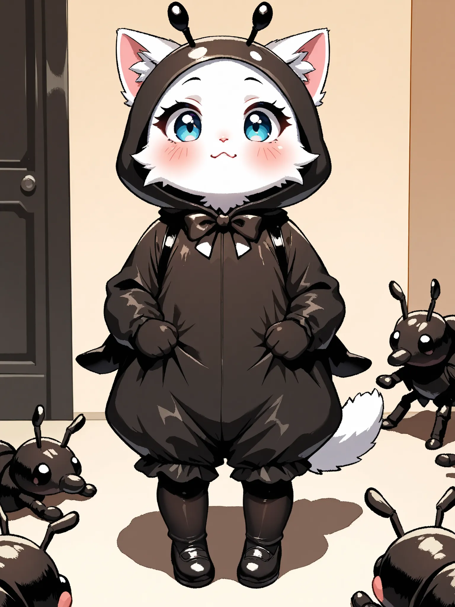 masterpiece, good quality, amazing quality, very aesthetic, anime, highres, absurdres, 16K resolution. | Kitten with fluffy white fur, wearing cute black ant costume, ((cute black ant costume):1.3), curious expression, standing at blocks of sugar. Miao_Kit...