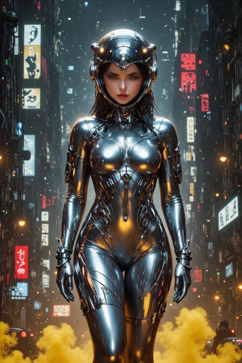 Clothes of the Future,
photorealistic,
((Live Action Movie Scenes)),
incredibly detailed,
1girl,
Full body latex suit with a mirror finish,
The tights have a smooth finish,
The shiny silver tights reflect the night view of a futuristic city,
The head is ...
