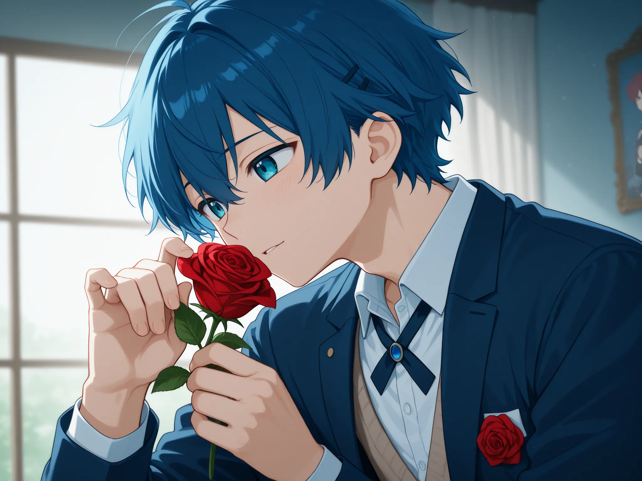 anime boy with blue hair I have flowers in his hand, Anime Moe Art Style,  I have flowers, has roses,, Also, 2d anime style, 魔法のI have flowers, The Flower in anime style
