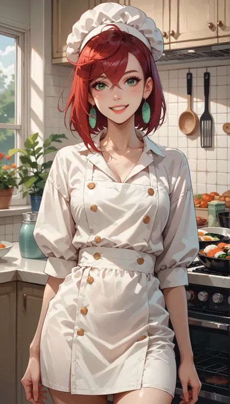 Ayasa Momo, 18,,  dressed as a chef, she cooks sushi in the family restaurant's kitchen, She has a rosy expression and a slightly mischievous smile, bangs, red hair,, medium-sized chest, décolleté, green eyes, loud onomatopoeic speech, bright sunny day, fu...