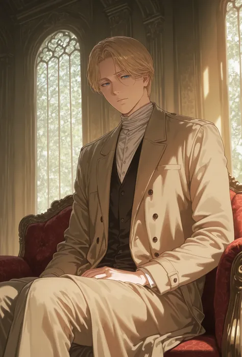 johan liebert, solo boy, wearing black sweather, brown coat, indoors, palace interior, day, sitting ,intimidant look, killer look, vivid colors, light trough window, looking at viewer, blue eyes
