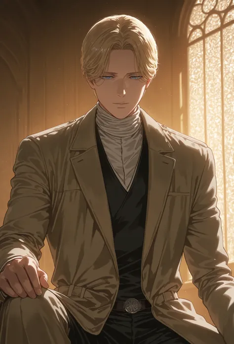 johan liebert, solo boy, wearing black sweather, brown coat, indoors, palace interior, day, sitting ,intimidant look, killer look, vivid colors, light trough window, looking at viewer, blue eyes
