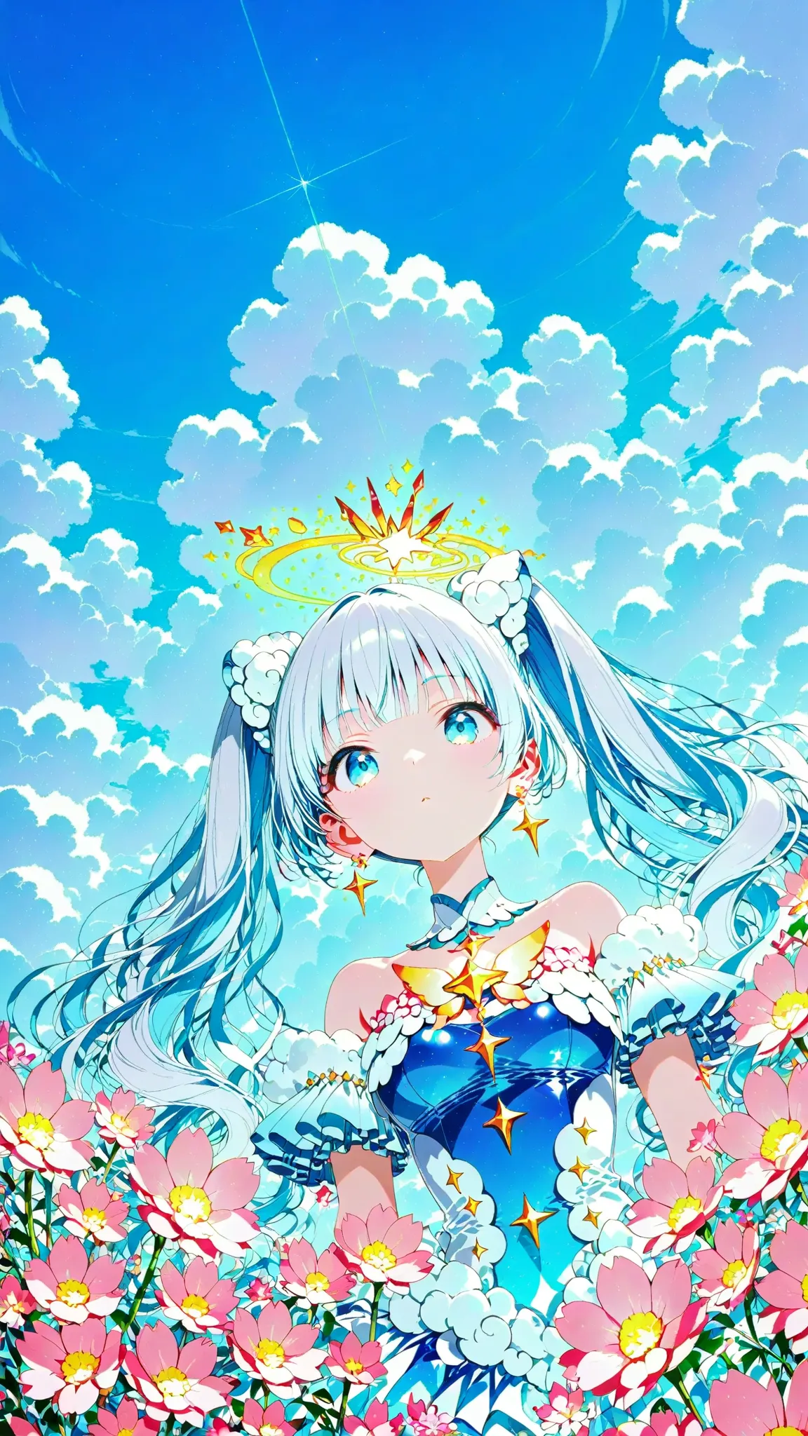 Extremely Aesthetic , Extremely Warped Cloud-like Outfit for Women. BREAK Fluffy Short Curl Hair, white hair, (\(Multi Frill Cloud Dress\)AND\(Cloud Magical Girl Outfit\)). BREAK Weather Stick, (upper body angle to make flowers bloom:1.2), background above clouds, MX4D.