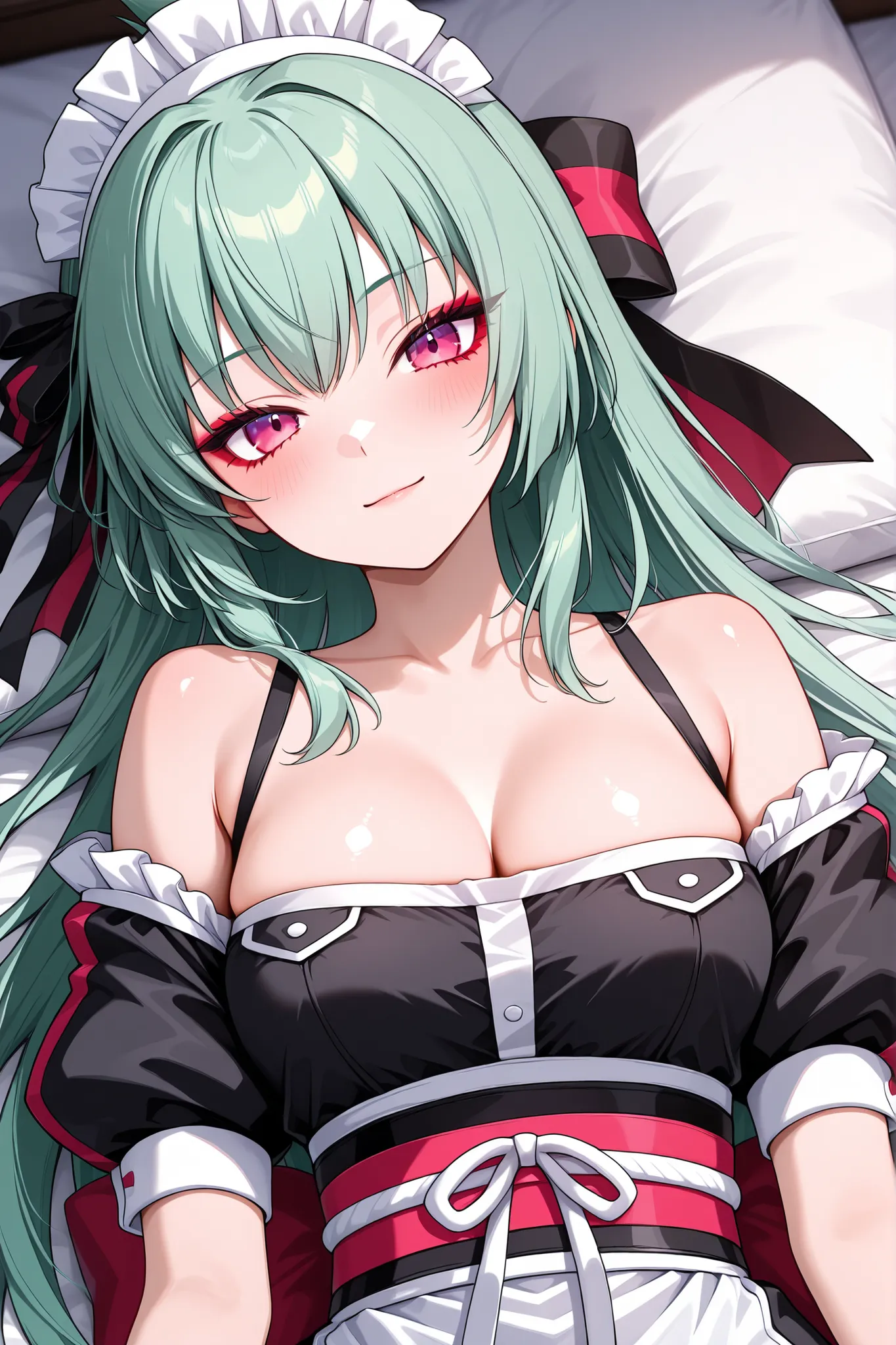 solo, kanzaki_saya,  Tight waist、Small waist、shiny Skin , (cute maid), off shoulder, upper body, light smile, lying on the bed,shoot from above