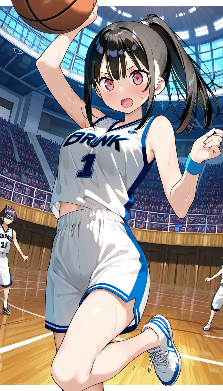 (beautiful girl : 1.3),1 girl,(kantoku style),(basket uniform,wristband,sneakers,basketball),dark haired,ponytail,get angry,anger,sweat,basketball court,jumping,Dunk Shot,audience,Cheer ,Dynamic Angle,( anime style 4k,Stunning Animated Portraits,Anime Art),masterpiece,top quality,Rich Contrasts,High Definition,8k,high definition CG unit wallpaper,Textures,信じられないほど不条理,RAW pictures,Deep Border 1 .2,very detailed