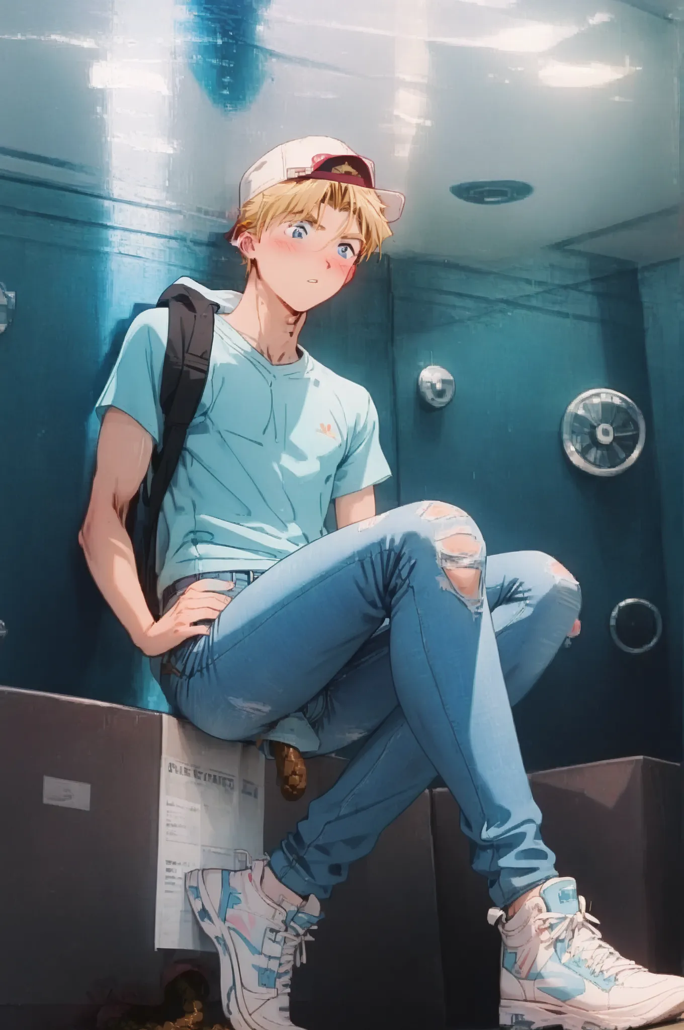 1boy, male focus, hat, baseball cap, solo, blue eyes, blonde hair,,score_9, score_8_up, score_7_up, best quality. Slim sporty boy 1boy, wearing hoodie, 1boy, (is squatting, Legs lowered :1.1), ((( Poop ,)), internal, 1boy, blonde hair,, wide shoulder ,thin...