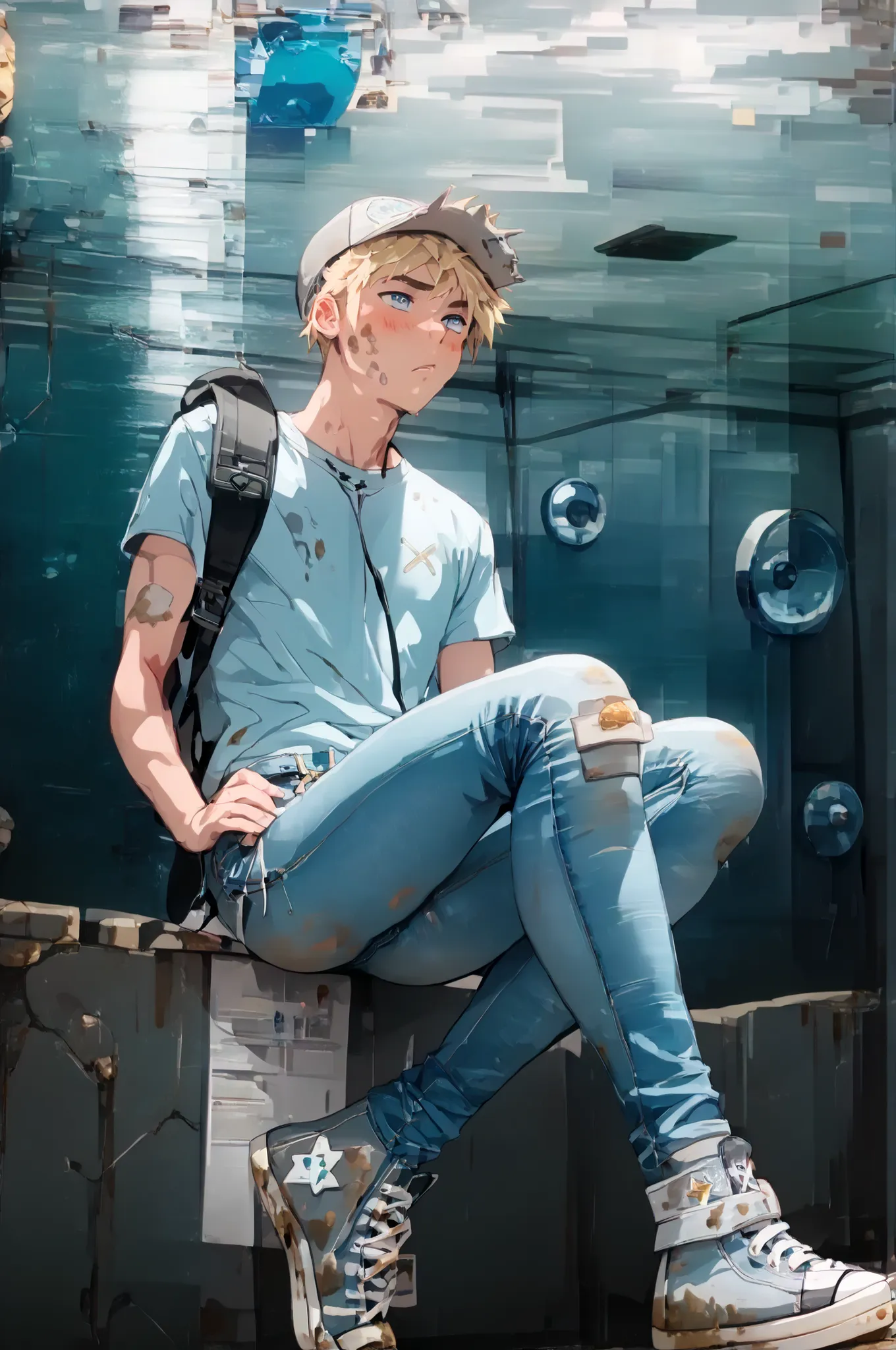 1boy, male focus, hat, baseball cap, solo, blue eyes, blonde hair,,score_9, score_8_up, score_7_up, best quality. Slim sporty boy 1boy, wearing hoodie, (white dirty x-hi converse:1.9) 1boy, (is squatting, Legs lowered :1.1), ((( Poop ,)), internal, 1boy, b...