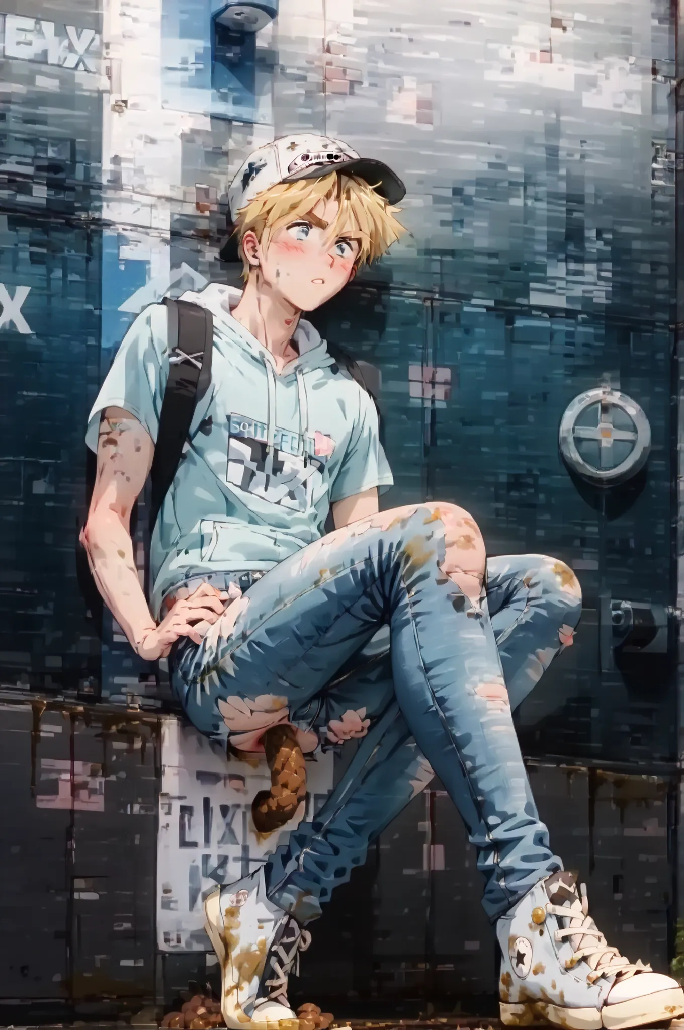 1boy, male focus, hat, baseball cap, solo, blue eyes, blonde hair,,score_9, score_8_up, score_7_up, best quality. Slim sporty boy 1boy, wearing hoodie, (white dirty x-hi converse:1.9) 1boy, (is squatting, Legs lowered :1.1), ((( Poop ,)), internal, 1boy, b...
