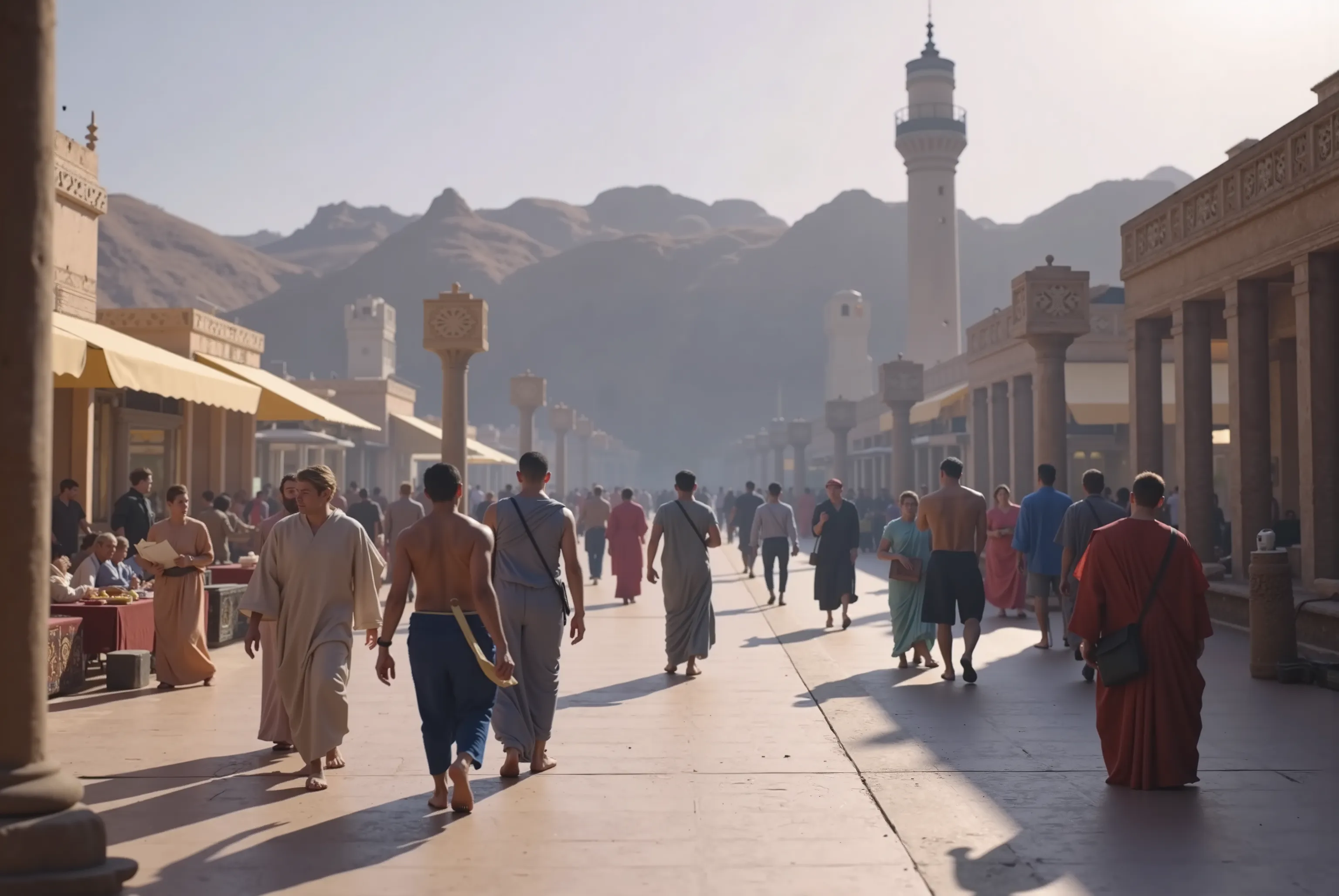 re-creating the legendary city of Alexandria circa 400AD., 8k view, and Alexandria people are in the town actively and enthsiastically