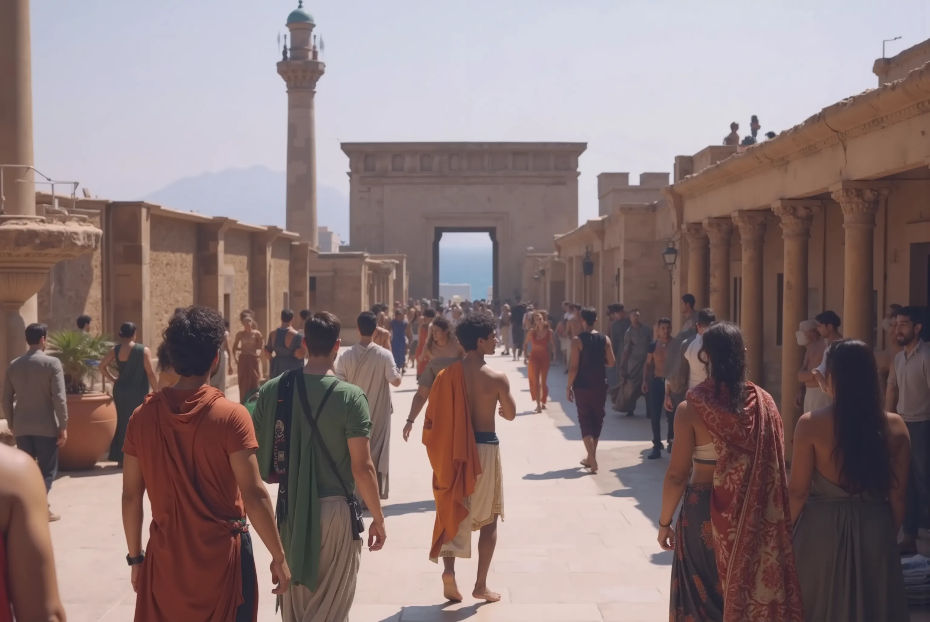 re-creating the legendary city of Alexandria circa 400AD., 8k view, and Alexandria people are in the town actively and enthsiastically, 