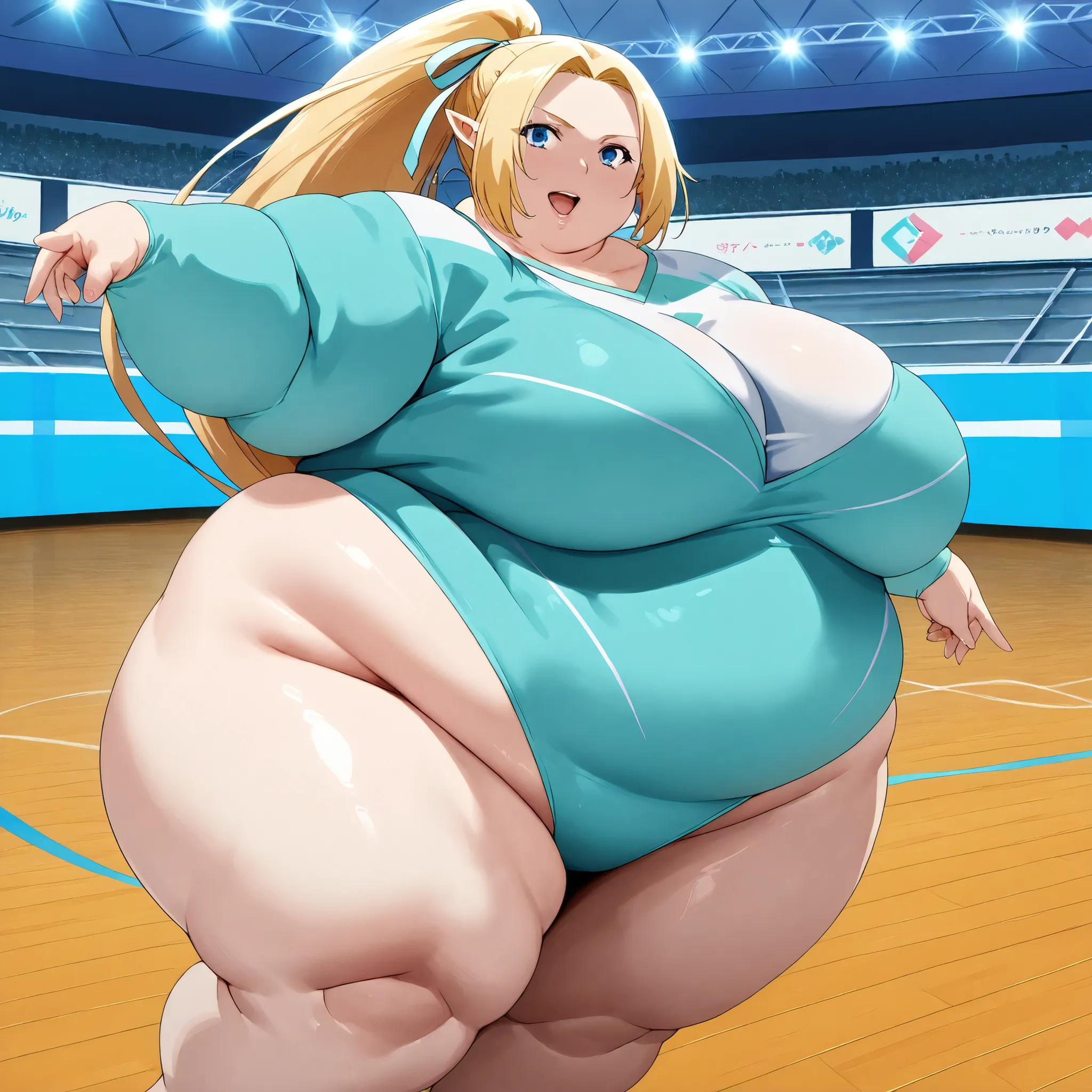 **Left Side:**  
masterpiece, best quality, 8k, ultra-detailed, graceful and dynamic atmosphere,  
1girl, alpha, long hair, blue eyes, blonde hair, pointy ears, elf, big breasts,  
**rhythmic gymnastics leotard, shiny metallic blue with silver accents, lon...
