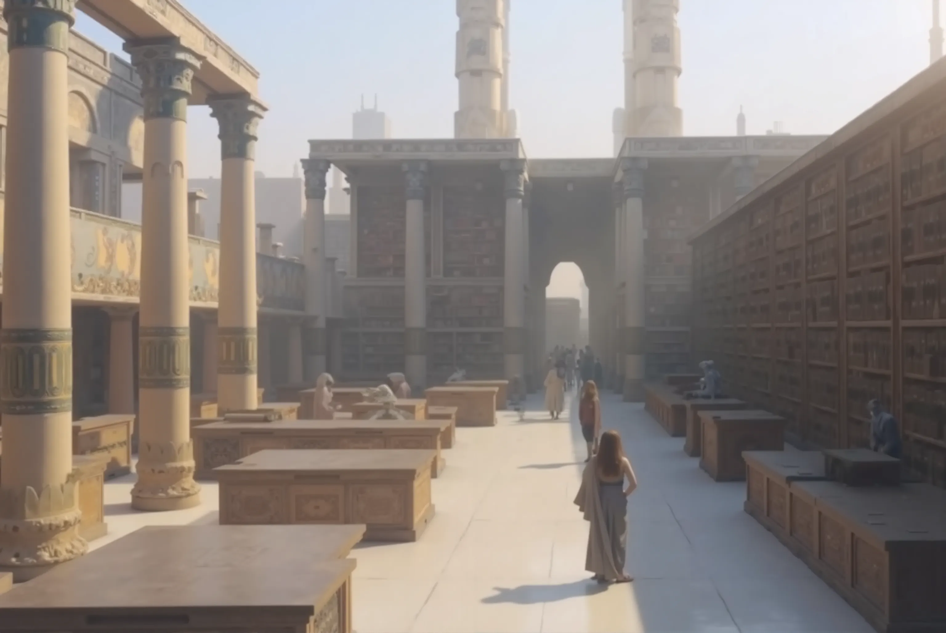 re-creating the legendary library of Alexandria circa 400AD.,  the view is bit blur with sand, zoom up, standing on the library floor, inside