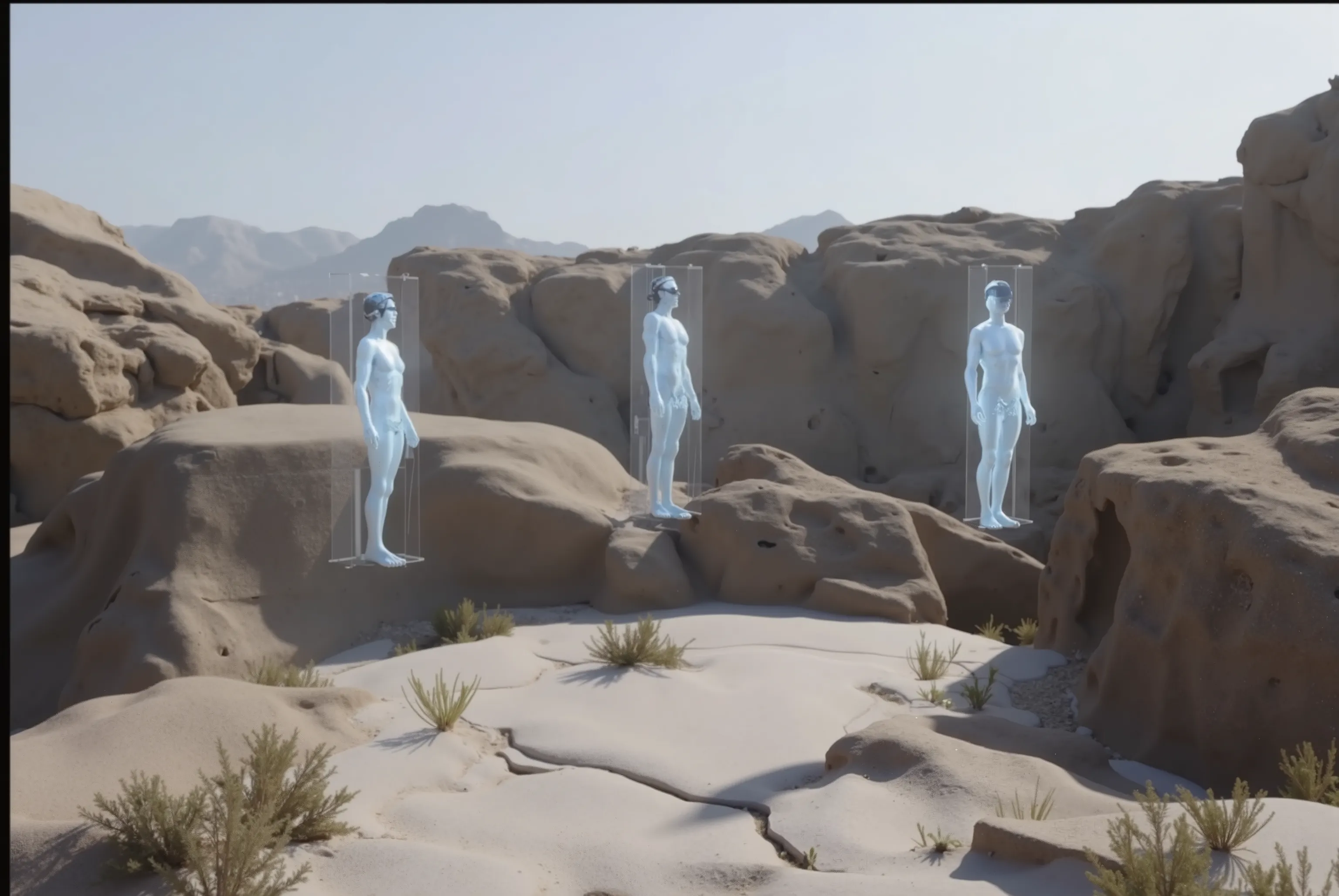 three blue hologram men with VR headset, re-creating the legendary city of Alexandria circa 400AD., 8k view, and Alexandria people are in the town actively and enthsiastically, hologram men are same height as alexandrian people