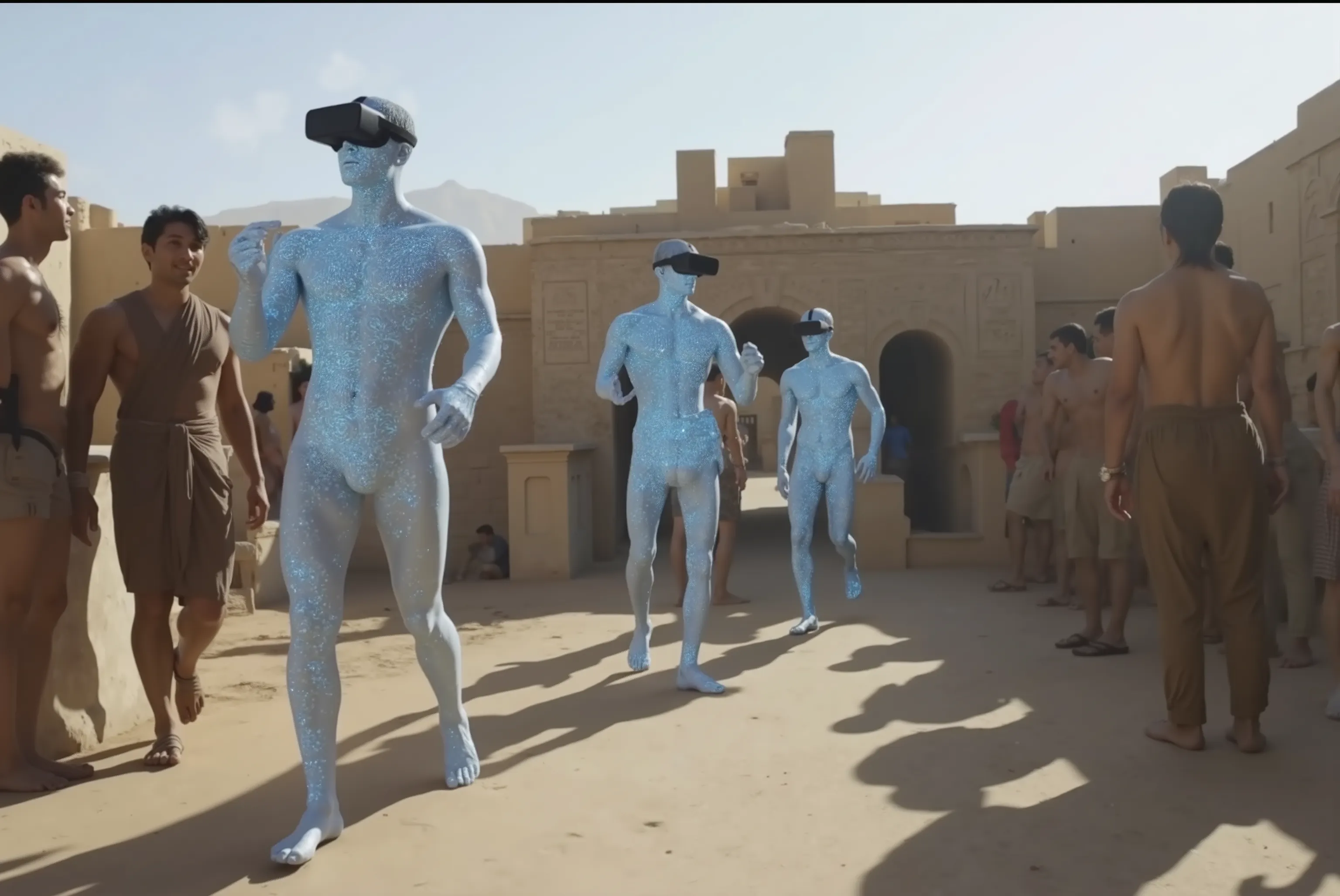 three blue hologram men with VR headset, re-creating the legendary city of Alexandria circa 400AD., 8k view, and Alexandria people are in the town actively and enthsiastically, hologram men are same height as alexandrian people