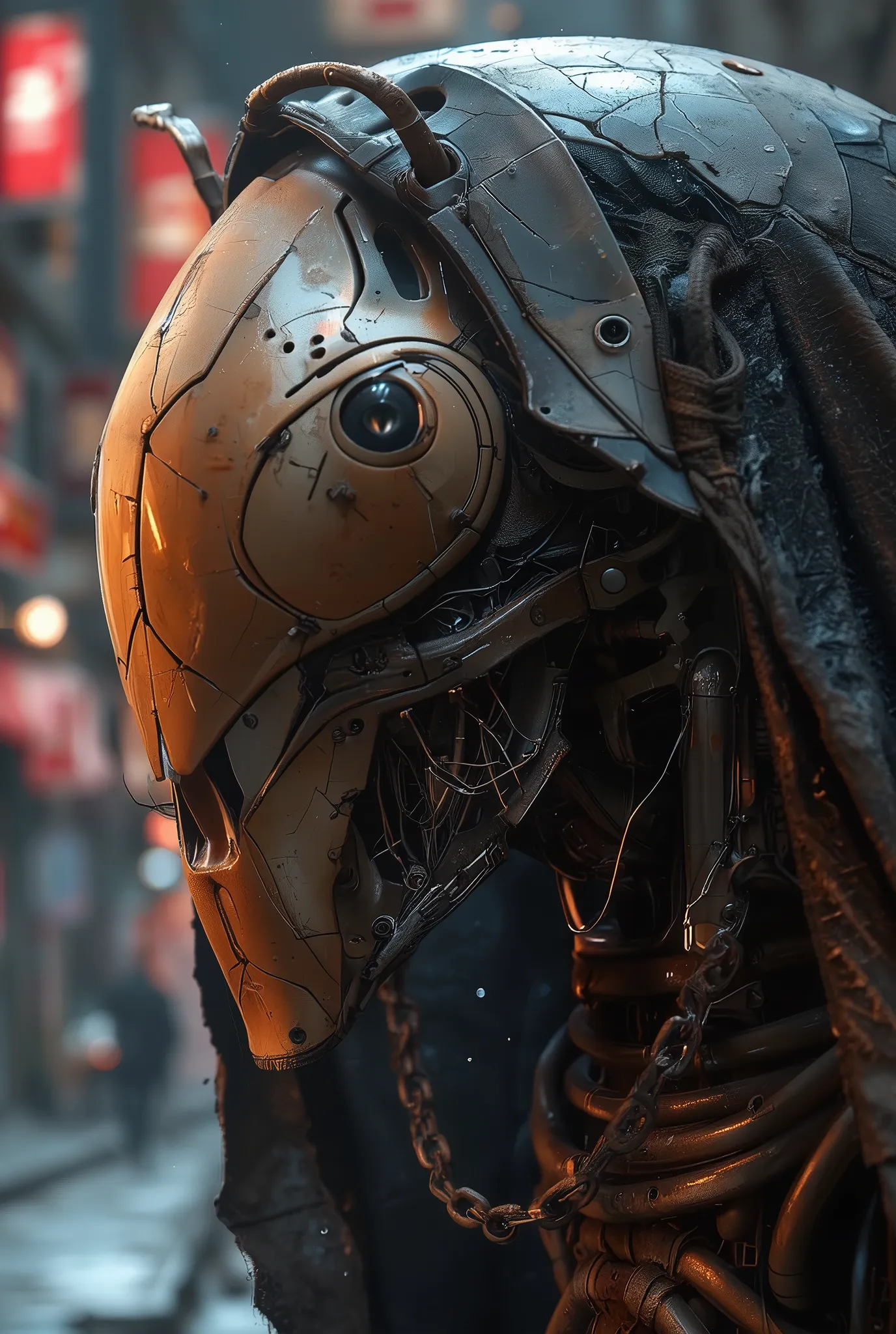 A close-up of a lone insect ant, a robot soldier, half of whose face is hidden in shadow: a metal exoskeleton made of durable plate armor made of a lightweight nanocomposite alloy, faceted cameras - multispectral sensors (IR, night vision, thermal imager) ...