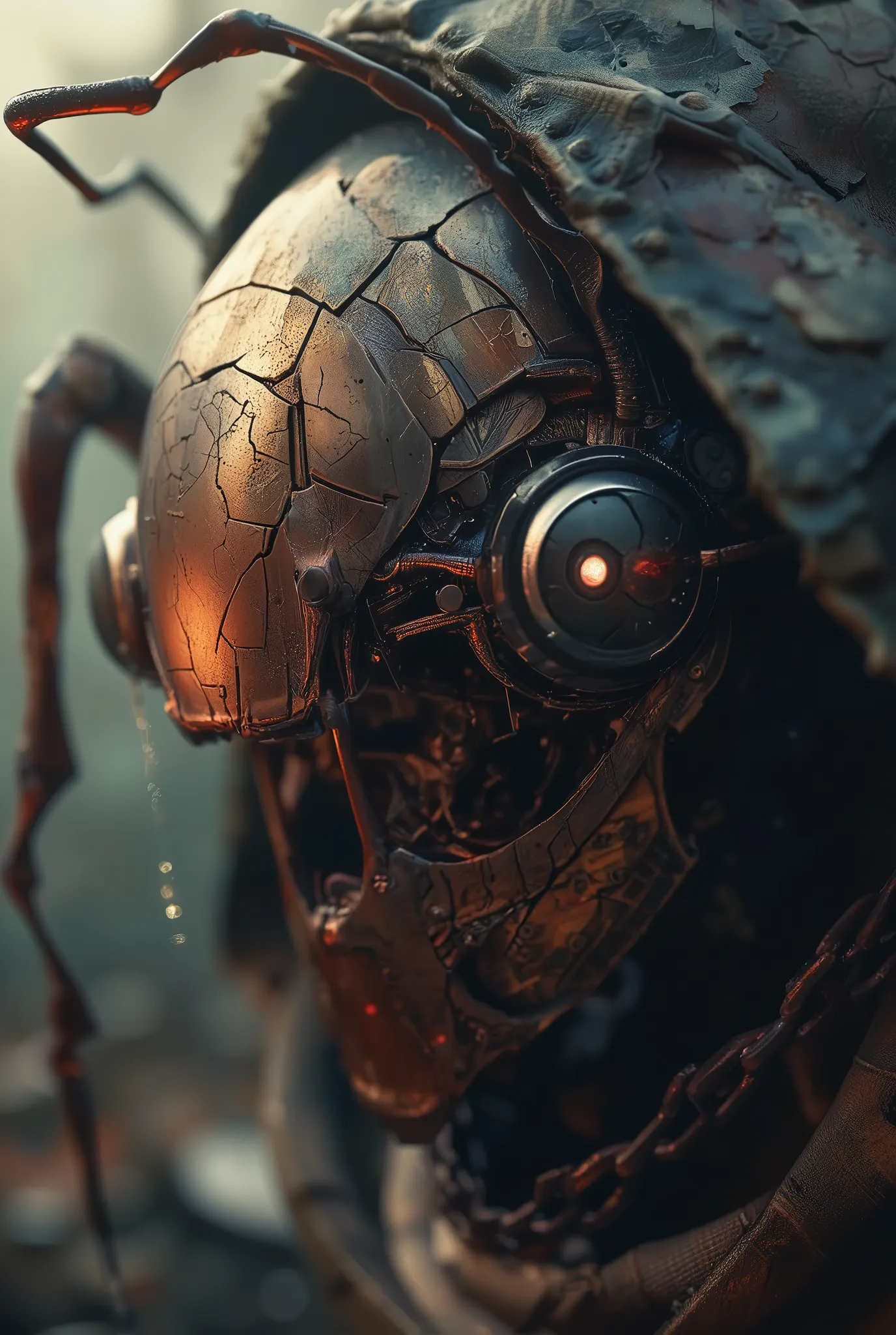 A close-up of a lone insect ant, a robot soldier, half of whose face is hidden in shadow: a metal exoskeleton made of durable plate armor made of a lightweight nanocomposite alloy, faceted cameras - multispectral sensors (IR, night vision, thermal imager) ...
