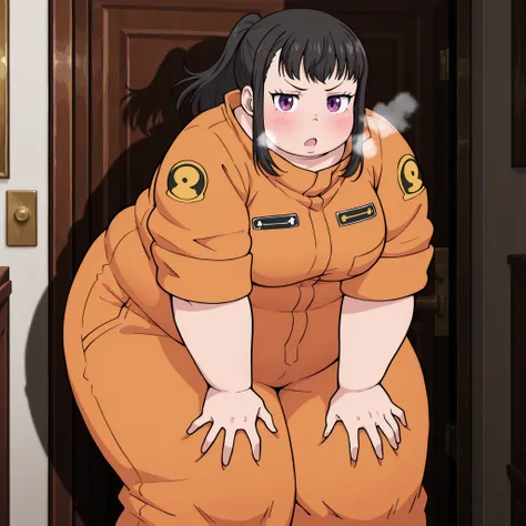 maki_oze, defoutfit, 1girl, solo, jumpsuit, black hair, purple eyes, leaning forward, looking at viewer, bangs, hands on own knees, hands on own thighs, frown, door, ponytail, blush, closed mouth (masterpiece),(best quality),(ultra-detailed),(best illustr...