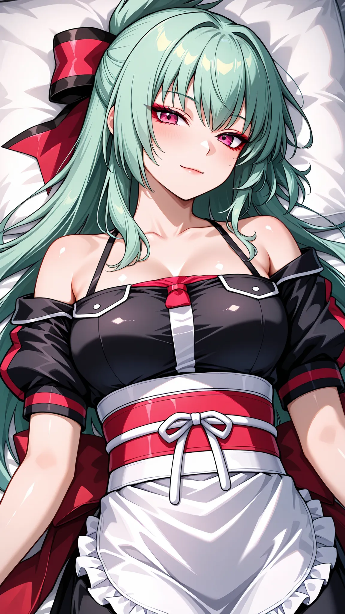 solo, kanzaki_saya,  mature woman, Tight waist、Small waist、shiny Skin , (cute maid), off shoulder, upper body, light smile, lying on the bed,shoot from above