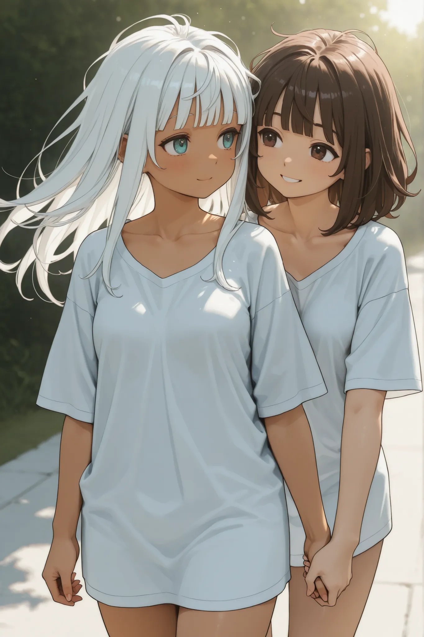 ((2girls)),masterpiece, (tanned skin:0.5),(realistic:0.8)
on lawn, sunlight,2girls, yuri, walking,grabbing another’s hand,looking at another,Bright smile,oversized white long T-shirt,
BREAK
(left girl), medium hair,((white hair)),blunt bangs,(messy hair:0....