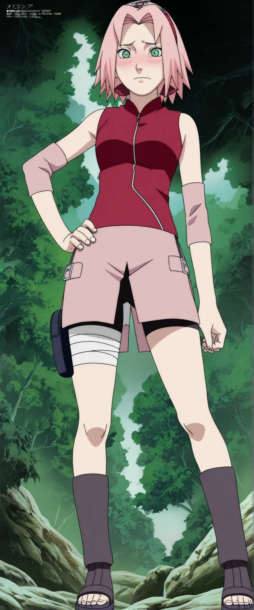 1girl,haruno sakura standing look at the viewer, BREAK pink hair, short hair, red hairband, green eyes, parted bangs, BREAK red sleeveless minidress, zipper, pink miniskirt, bandaged thigh, BREAK medium breasts, beautiful body, beautiful legs , masterpiece...