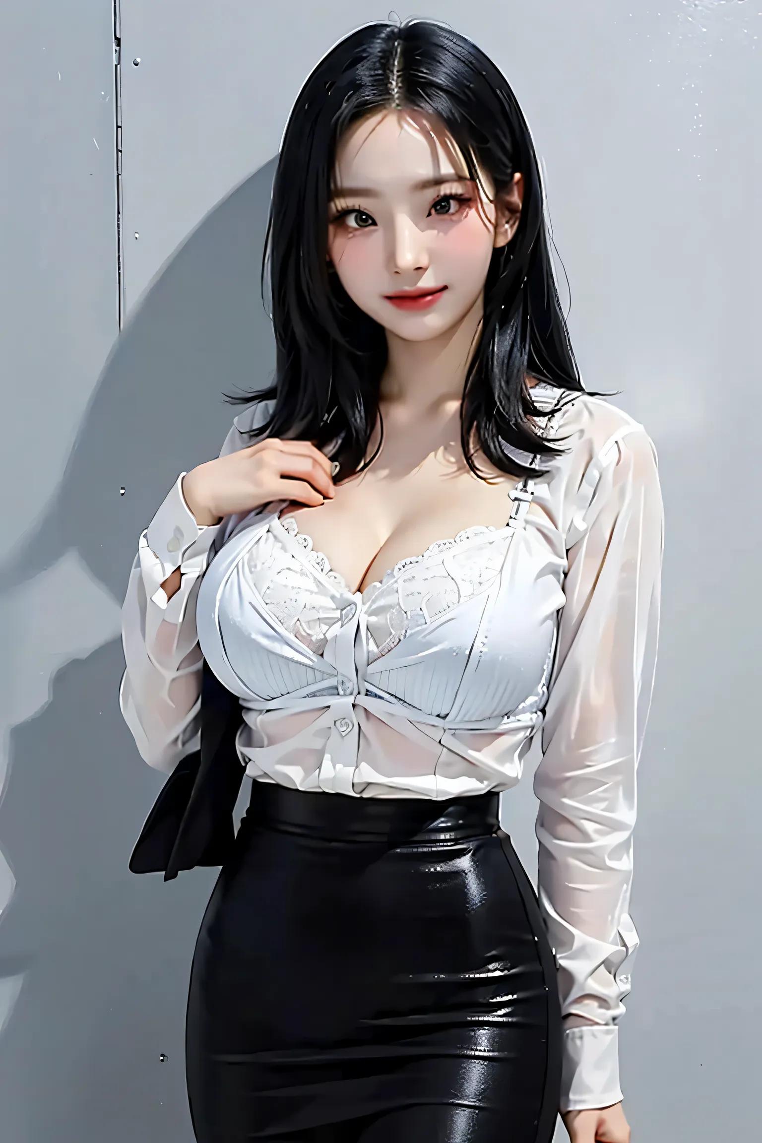 saerom, 1girl, solo, pretty girl,
Light smile, female police inspector, wearing a white button shirt, pencil skirt. cleavage, lace black bra,
gigantic breasts:0.3,
wide hip:0.4,
gigantic breasts:0.3,
wide hip:0.4,