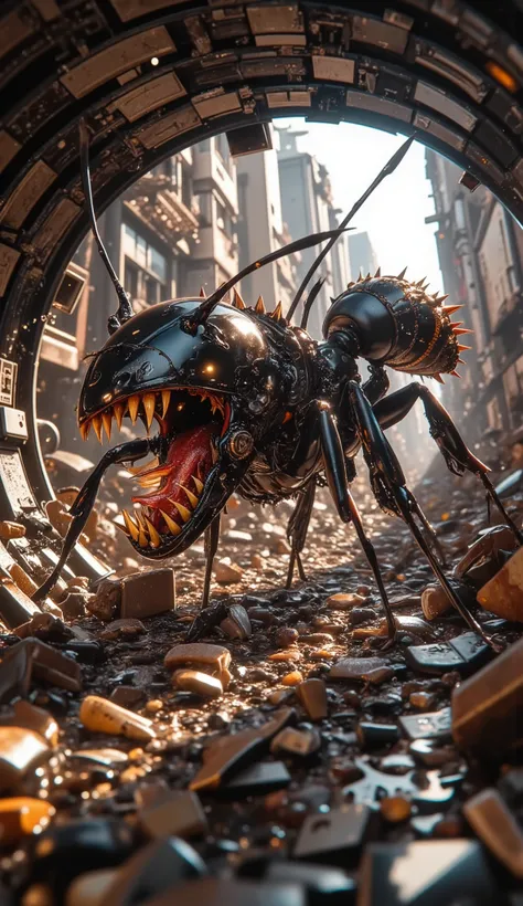 An ant the size of a large dog with serrated razor spikes growing along its thorax and back. It bites through steel and flesh with biomechanical jaws. Captured mid-attack as it lunges from a sewer tunnel under a collapsed city. Photorealistic, industrial c...