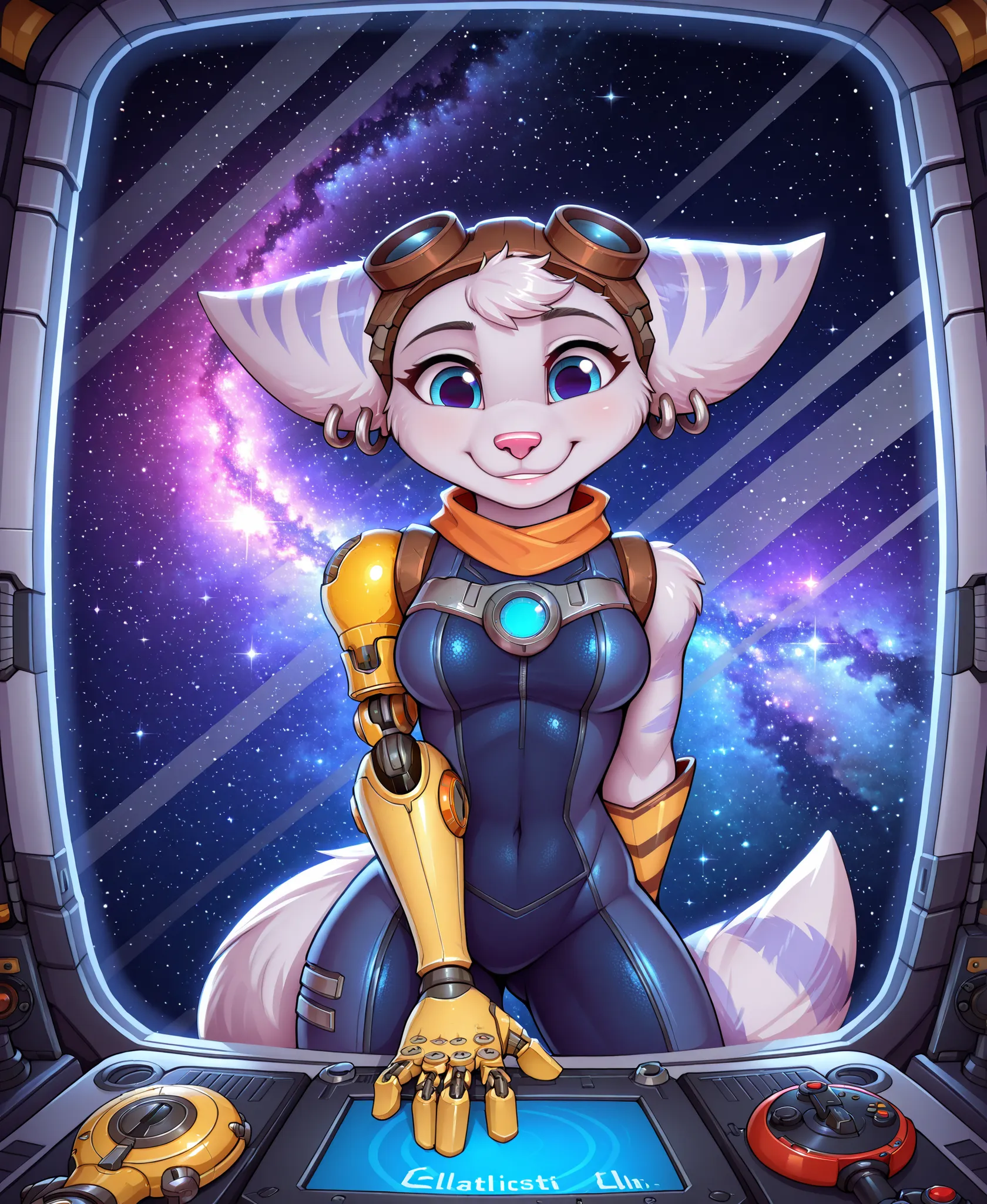 Masterpiece, better quality, very aesthetic, extremely high resolution, colorfull, Loimu style , rivet_ratchet_and_clank, anthro, female, sexy cybernetic suit, using starship console, facing window,  enthusiastically, at starship (at galactic space light),...